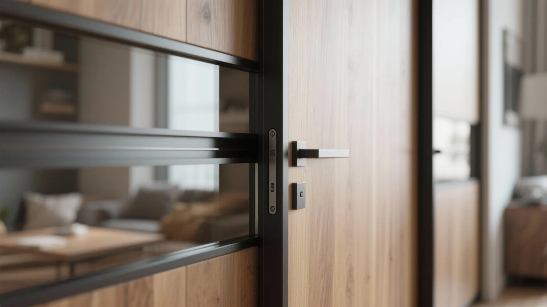 Close up view of wooden sliding door with black frame glass panels and metal handle