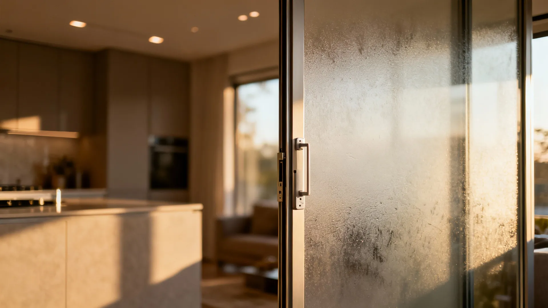 Frosted sliding door partially open between kitchen and living room in a modern interior.