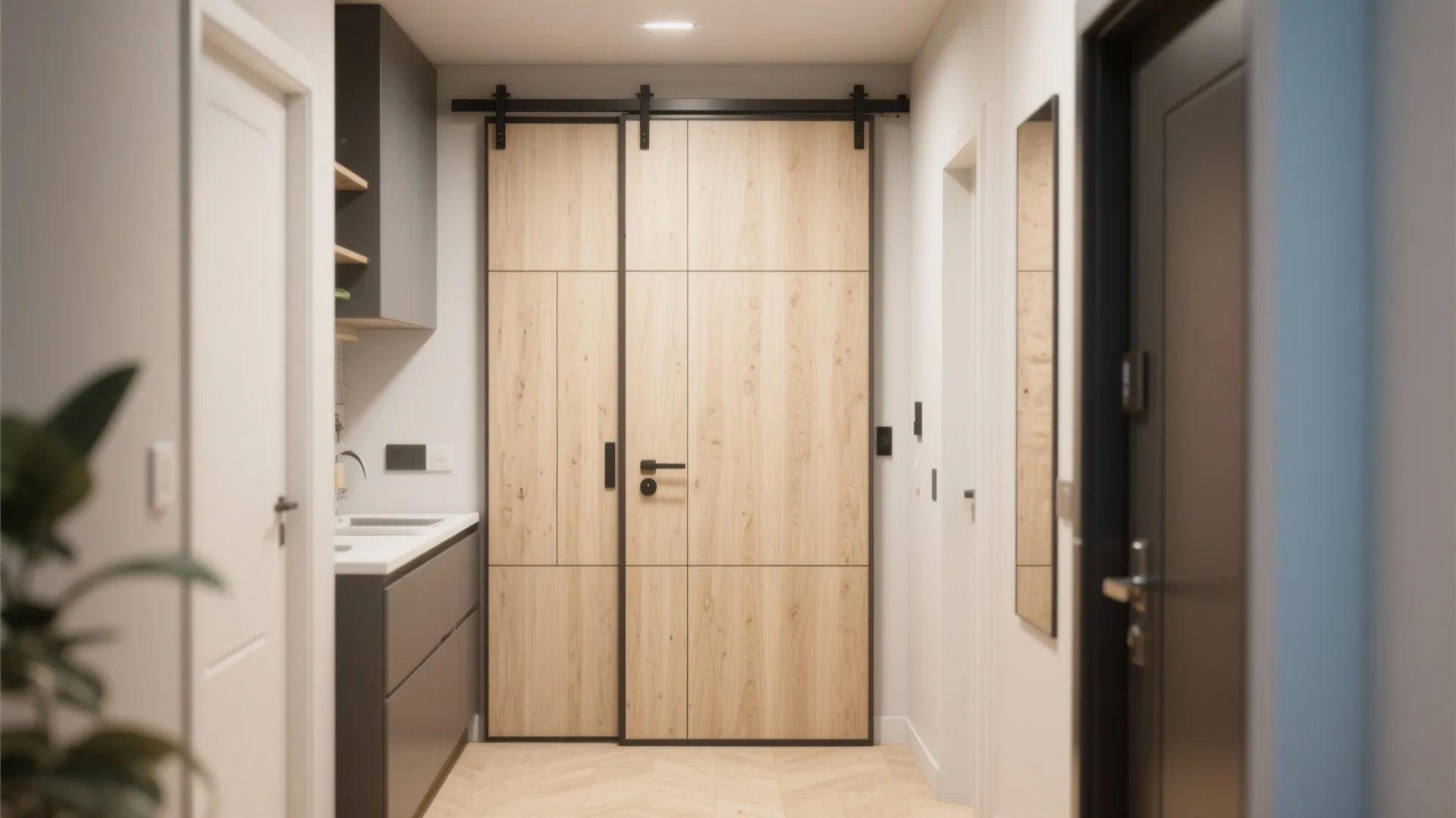 Modern apartment entrance featuring light wood sliding doors black hardware and grey kitchen cabinet units nearby