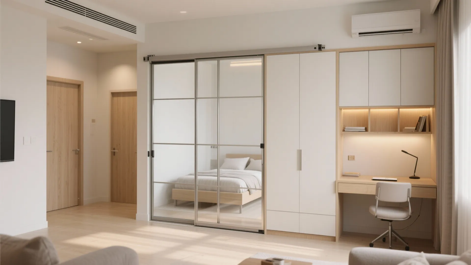 Sliding door partition with quality tracks separates a compact study/guest room from the living area, enhancing flexibility.