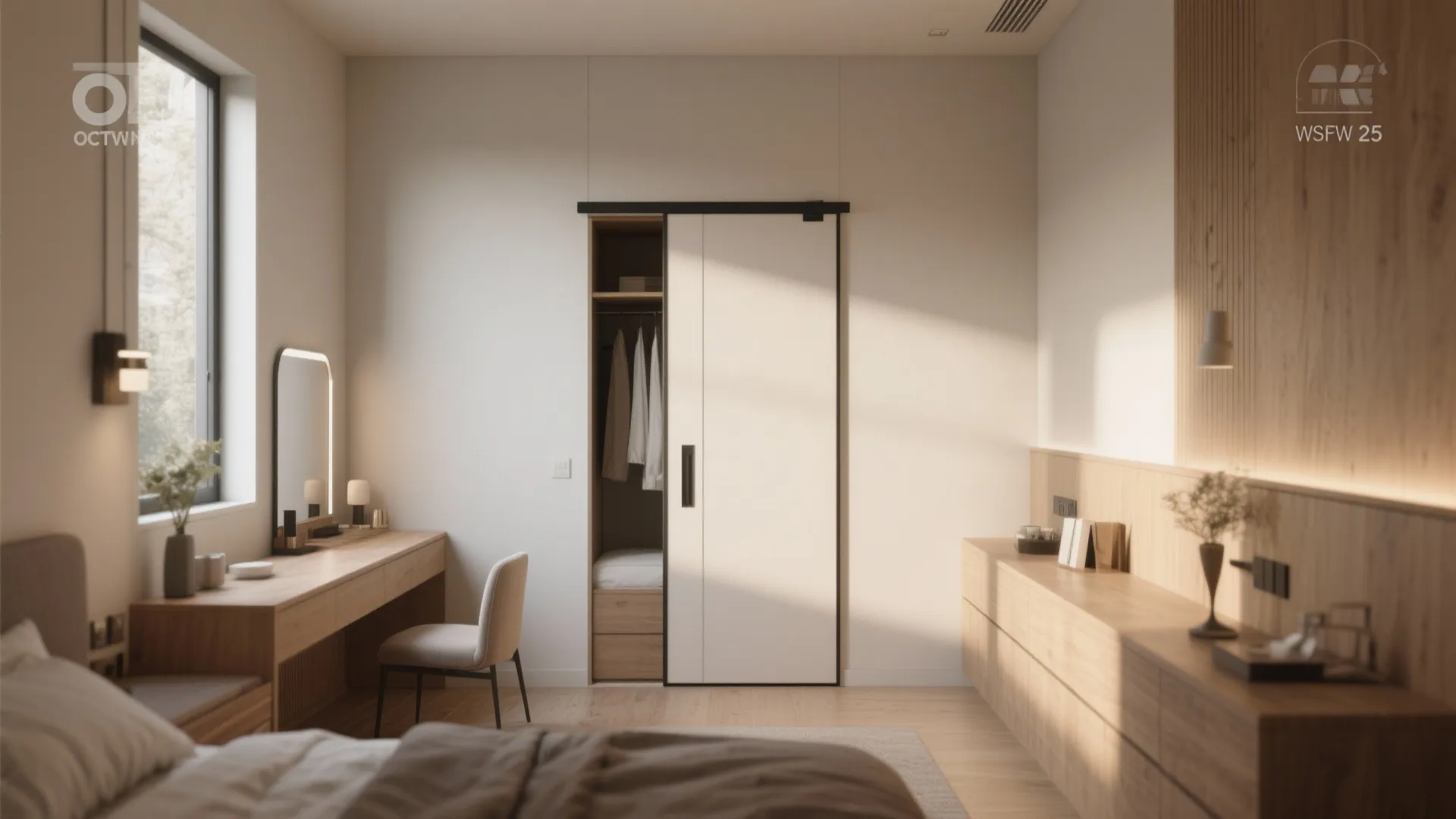 Small bedroom showing a pocket sliding door and extra space used for a dressing table
