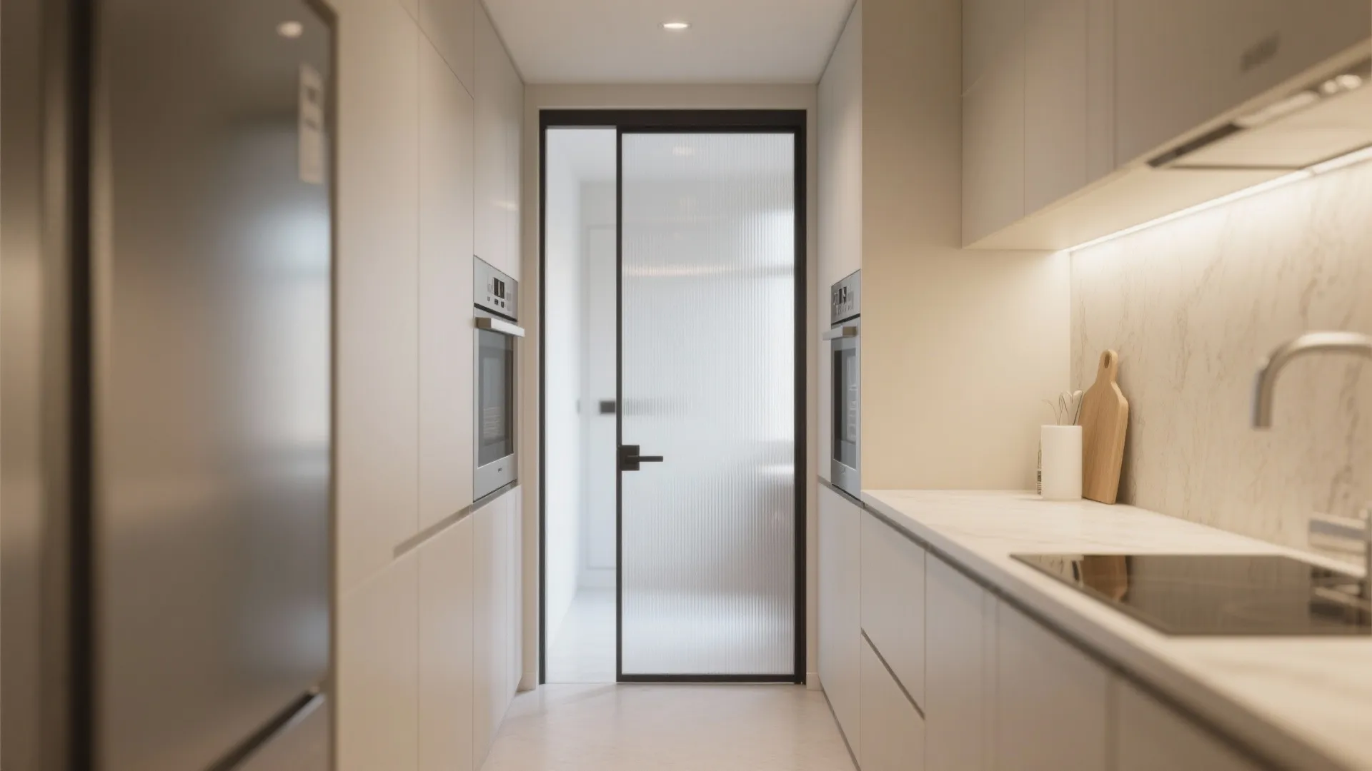 Modern galley kitchen with white cabinets built in ovens a glass sliding door and sink