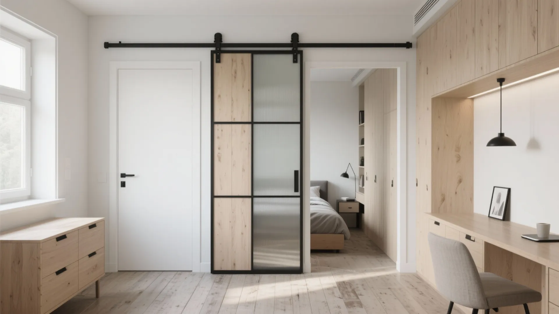 Modern room featuring a black sliding door with wood and glass panels next to wooden desk
