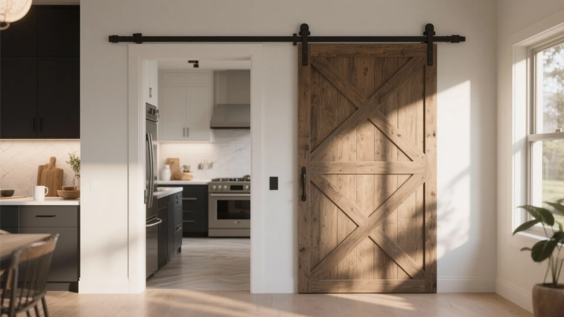 Rustic wooden sliding door with black track opening into modern kitchen with cabinets and stove