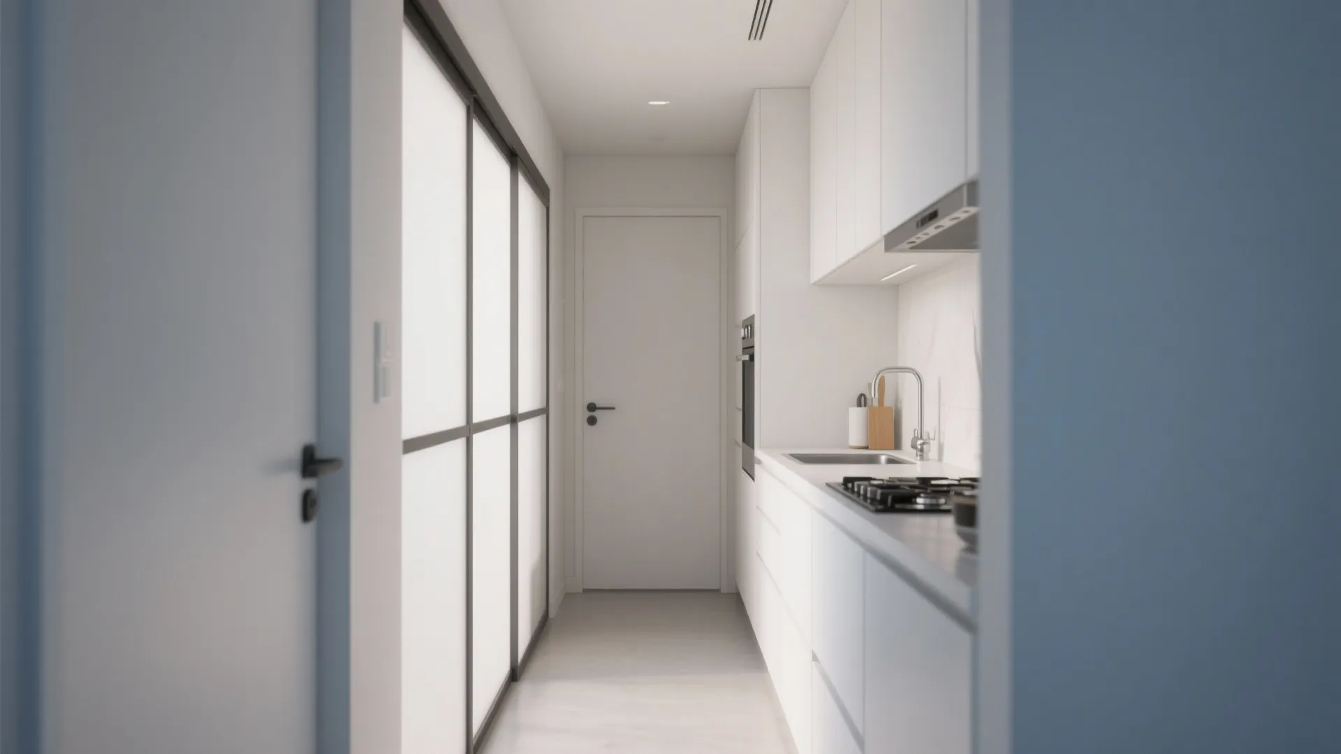 Modern white galley kitchen featuring a sliding glass door white cabinets and a minimalist design