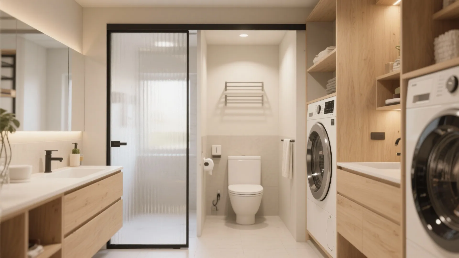 Bright laundry room with washing machine wooden cabinets frosted glass sliding door and a white toilet