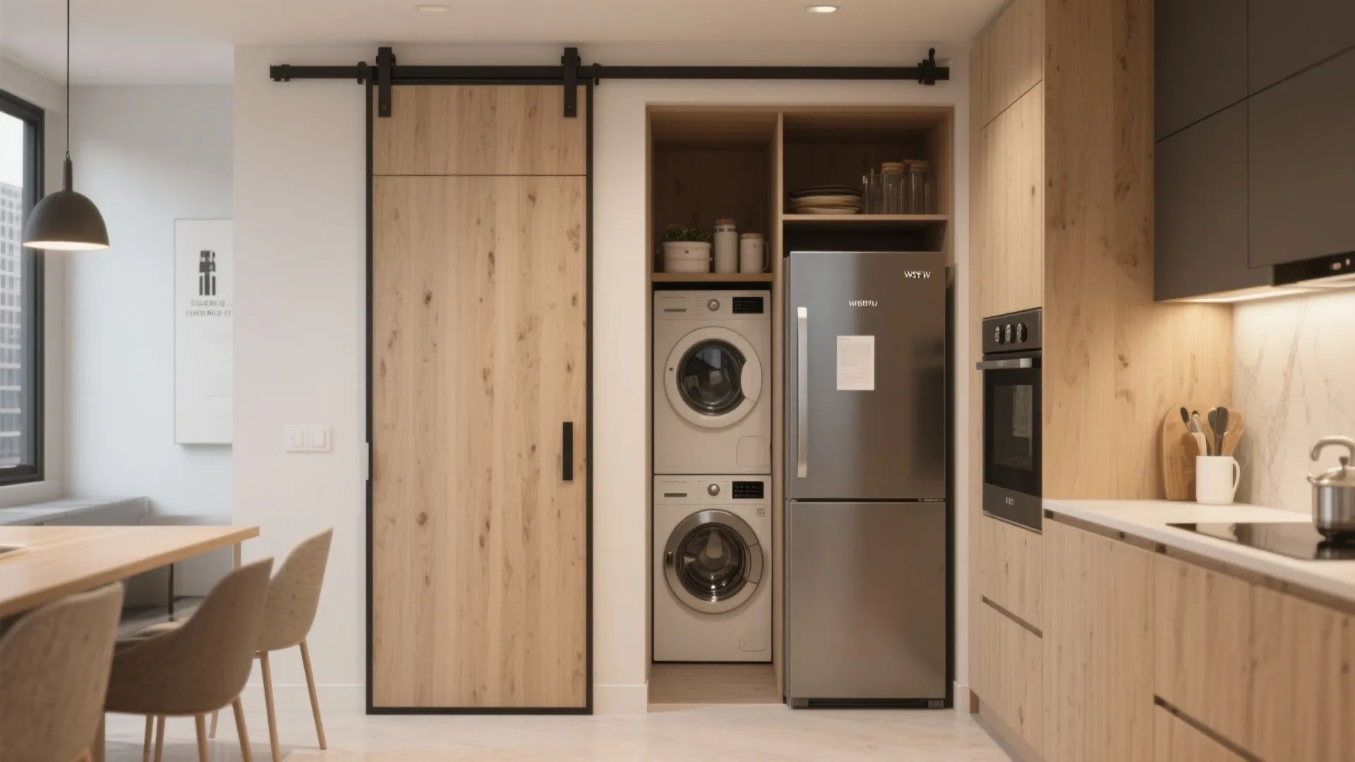Wooden sliding door opening to reveal a stacked washing machine and dryer next to refrigerator