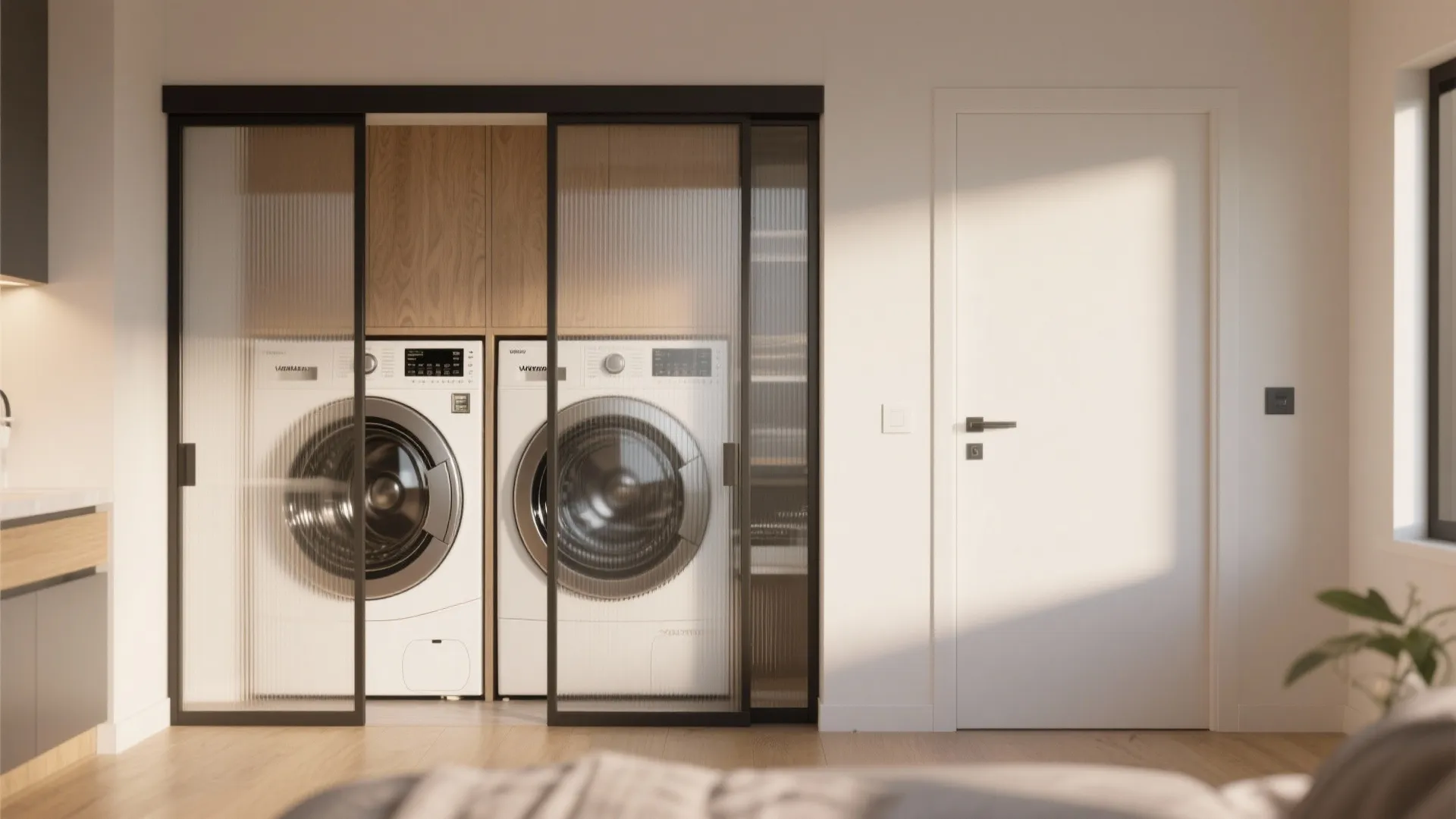 Minimalist laundry area hidden behind glass sliding doors with black frames next to a white door