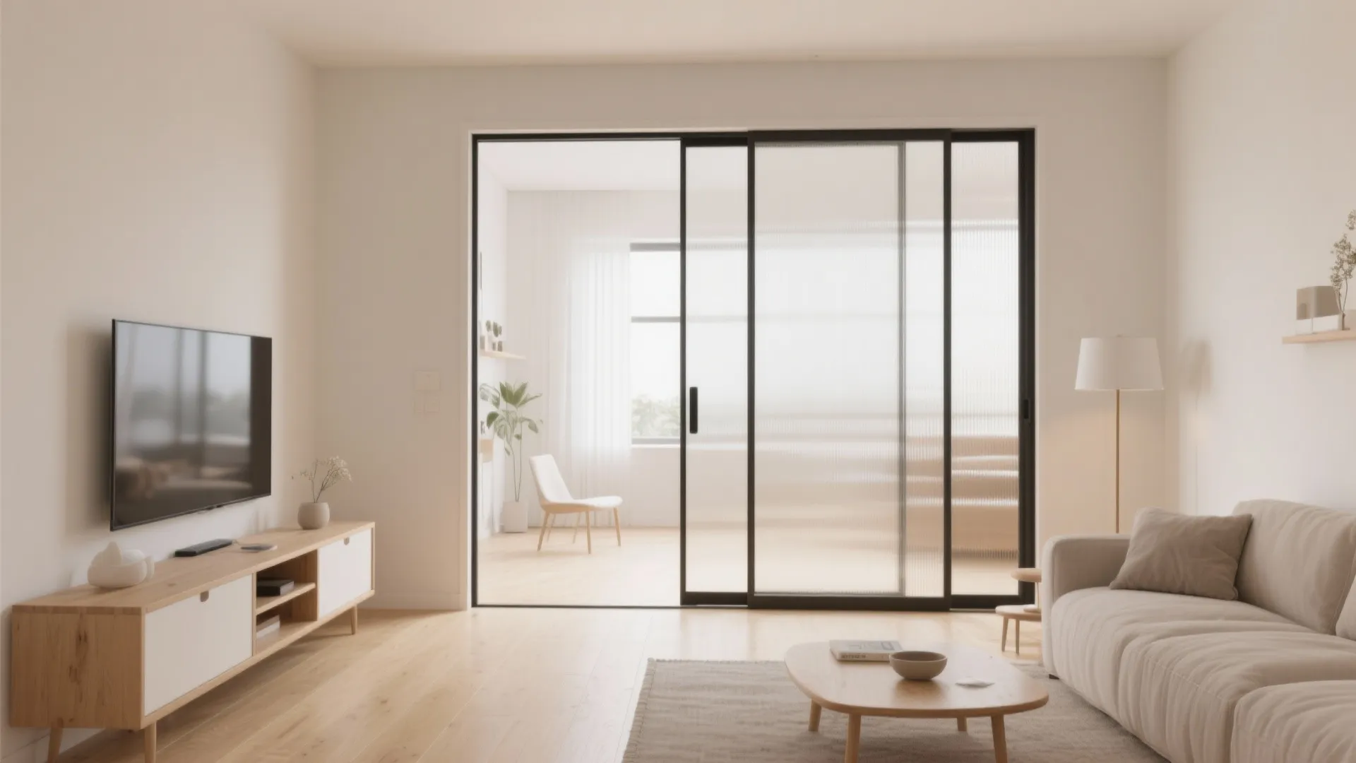 Modern living room with wood floor, television, white cabinet, beige sofa, and black sliding doors