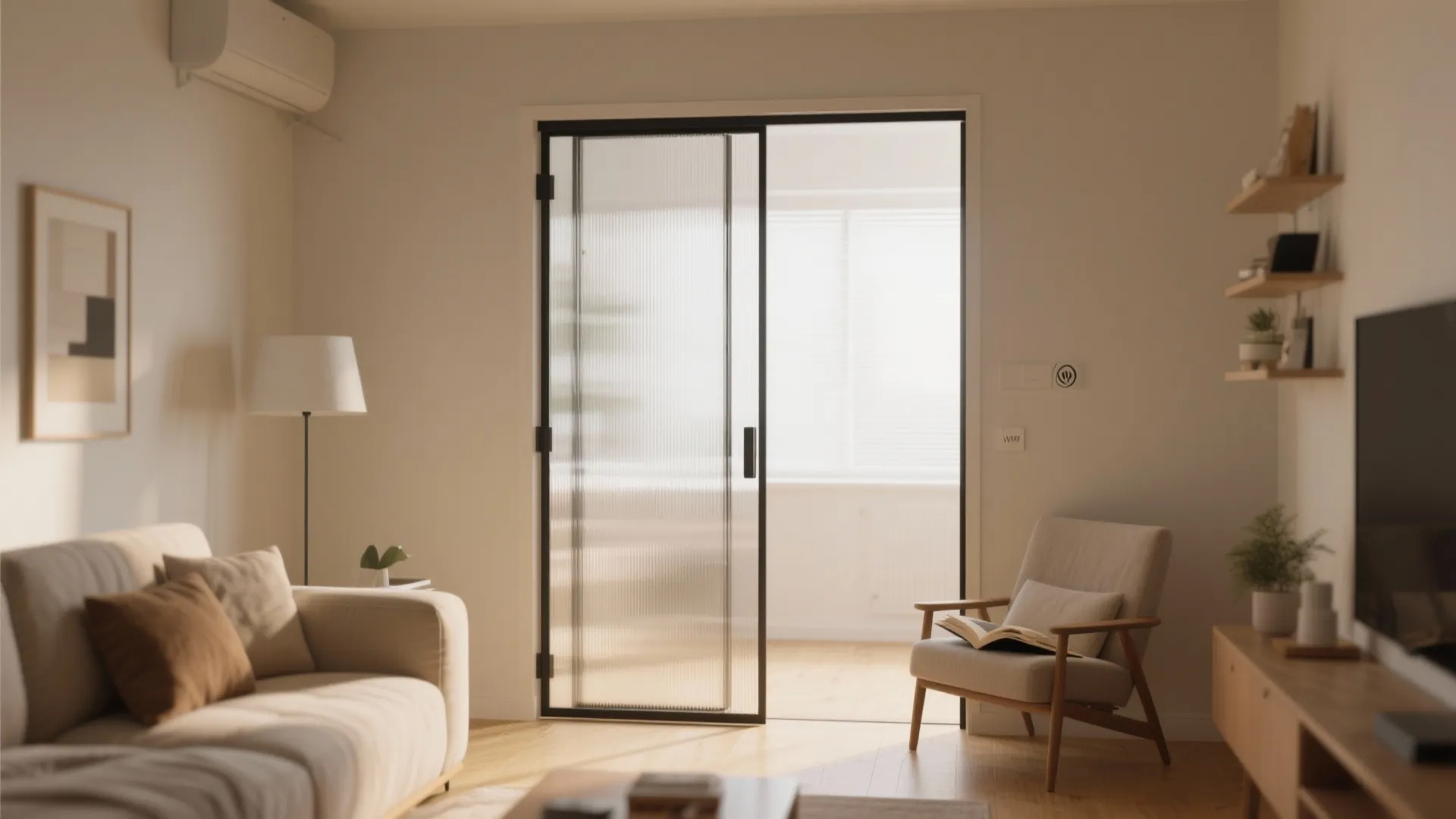 Modern living room with fluted glass sliding door beige sofa armchair floor lamp and shelves