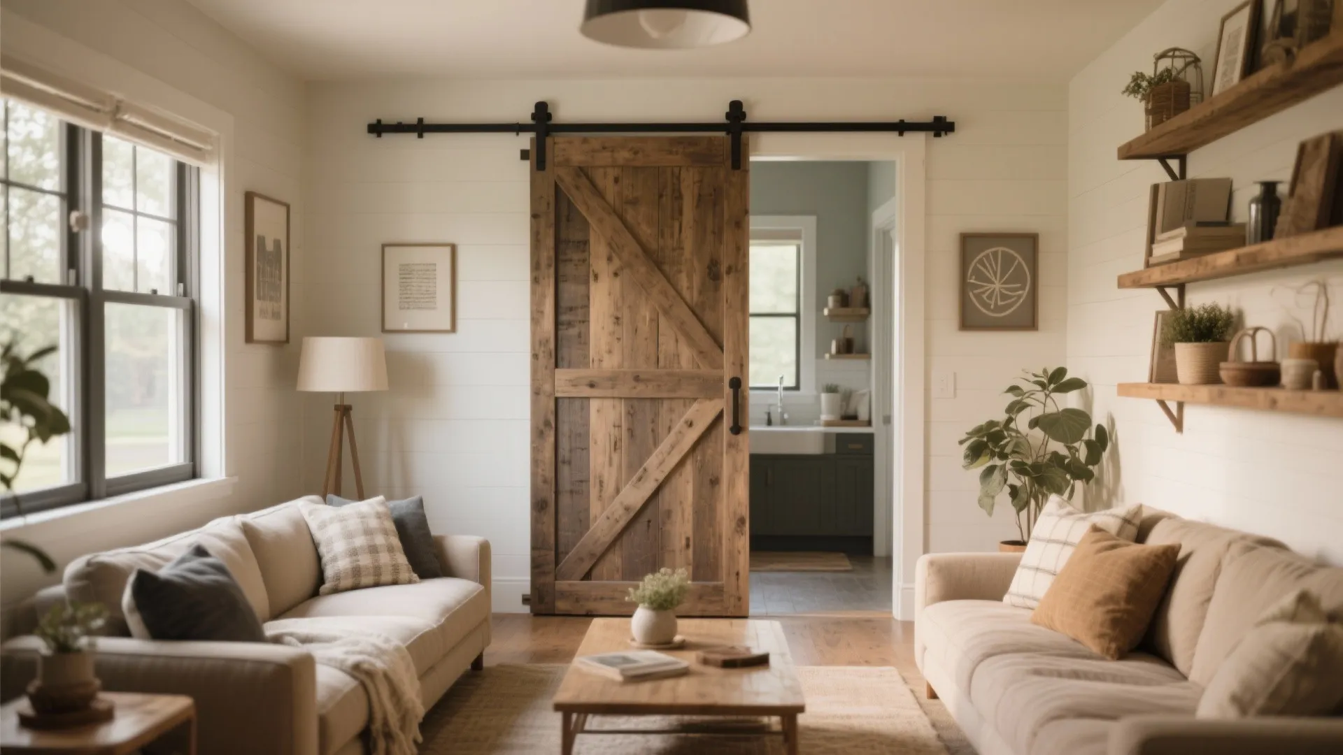 Rustic living room featuring a sliding wood barn door wooden coffee table and beige sofas