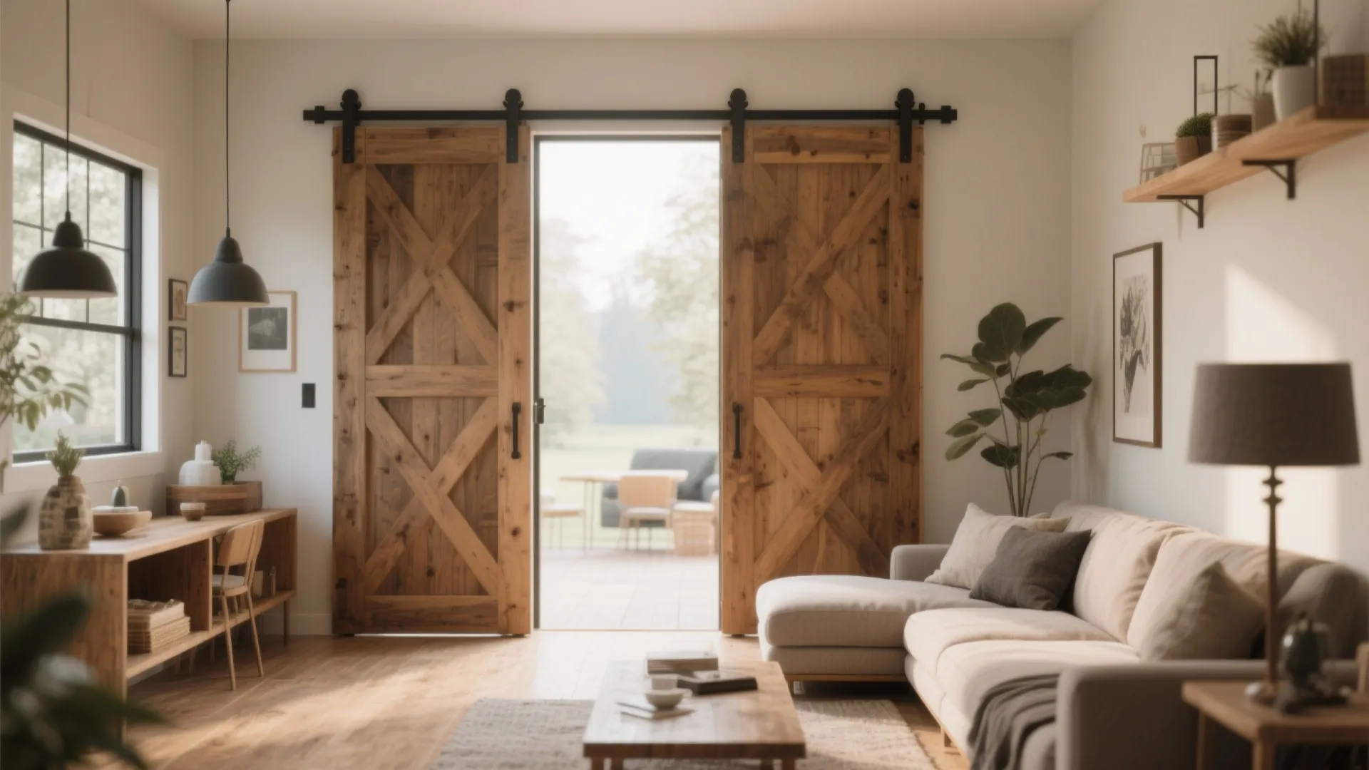 Living room with beige sofa wooden coffee table and sliding barn doors opening to garden