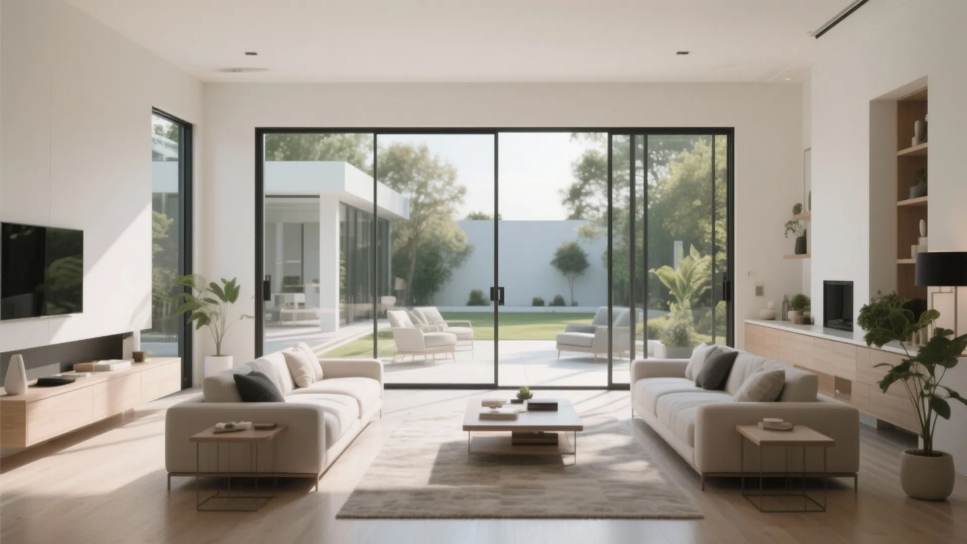 Modern bright living room featuring glass sliding doors opening to a garden and two white sofas