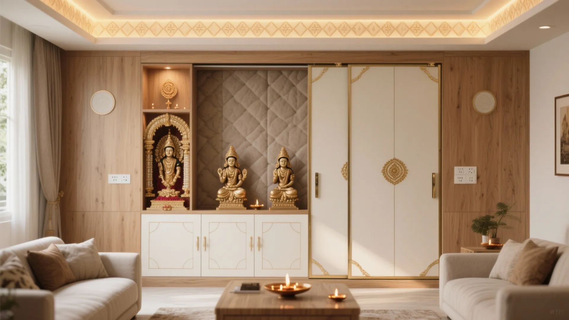 Sliding-Door Mandir within a Living Room Wall Unit