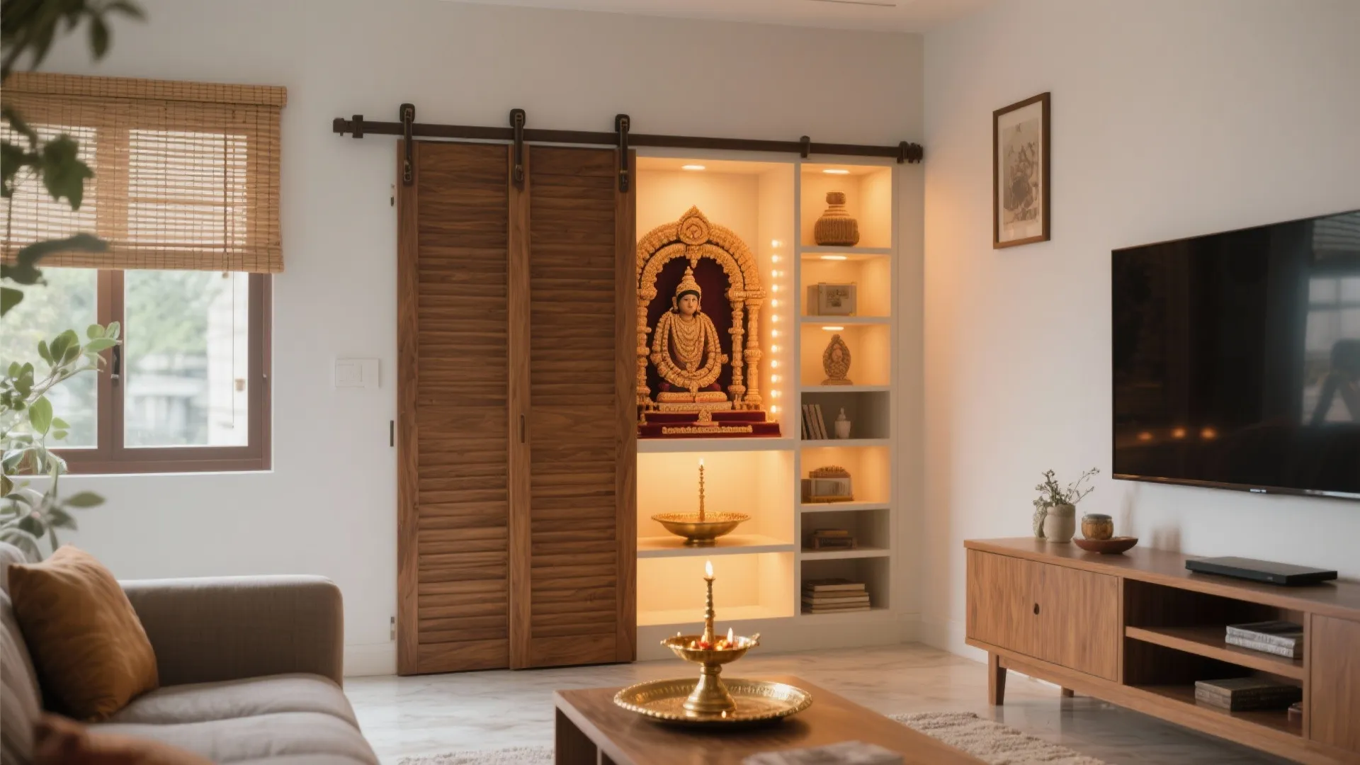 Sliding-door corner mandir with fluted fronts, warm lighting, and cohesive wood finishes.