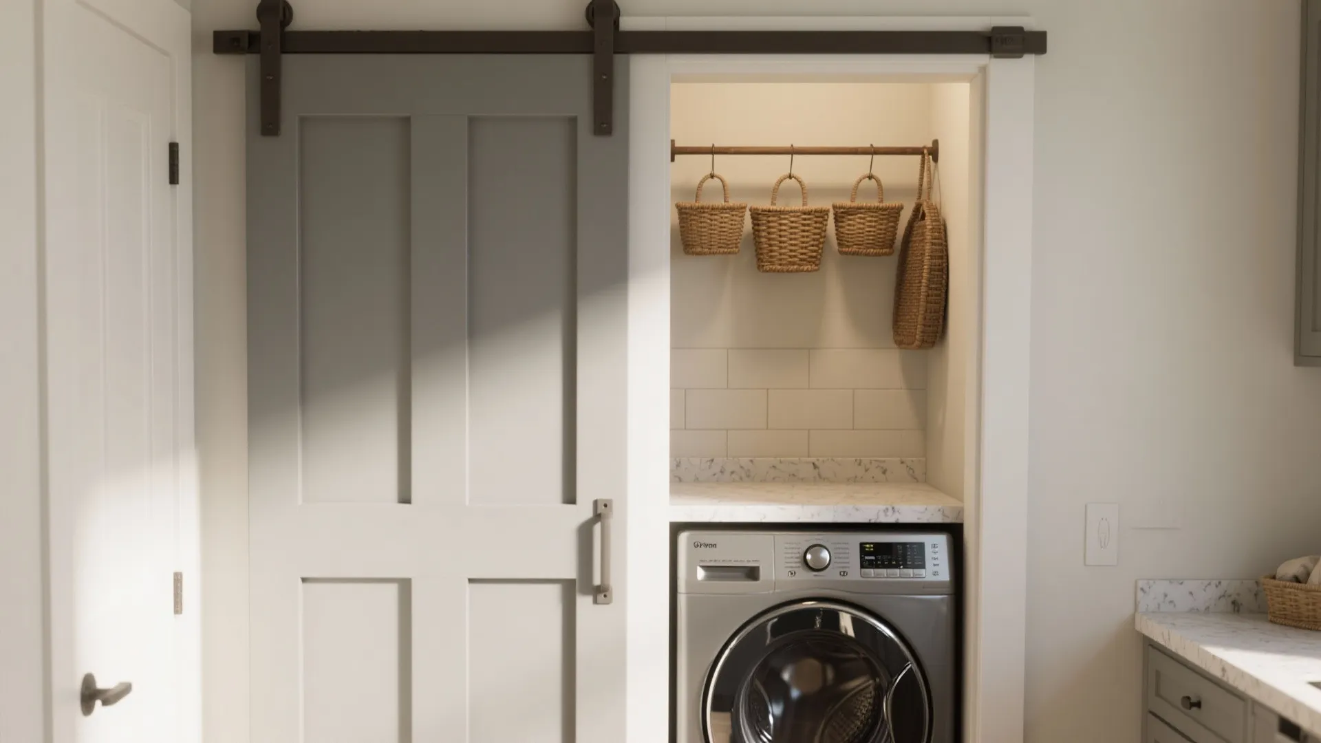 Laundry nook with grey sliding door hanging baskets over washing machine and white tiled wall