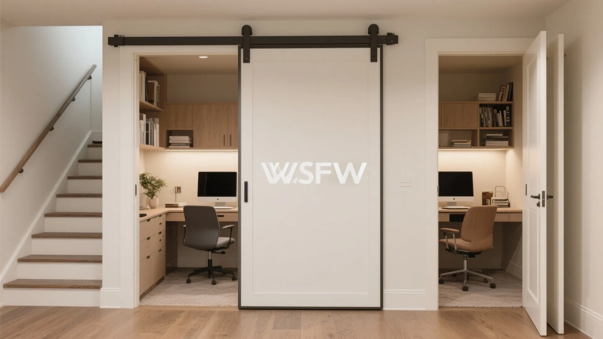 Modern home office with white sliding door opening to two workstations with desks and chairs
