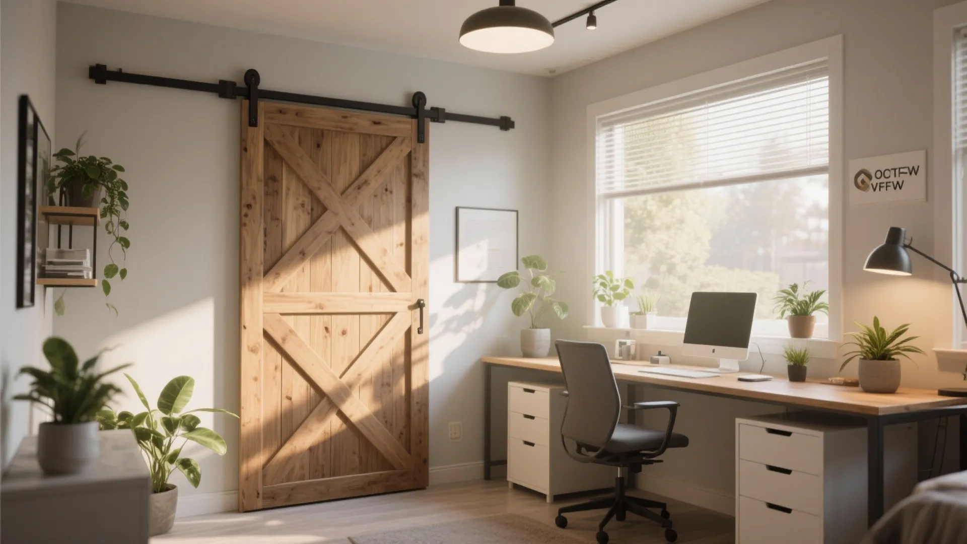 Bright home office featuring a large wooden sliding barn door long desk and office chair