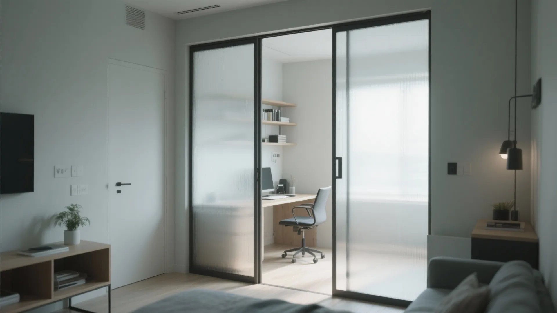 Sliding glass doors separating a living room from a home office with desk and shelving