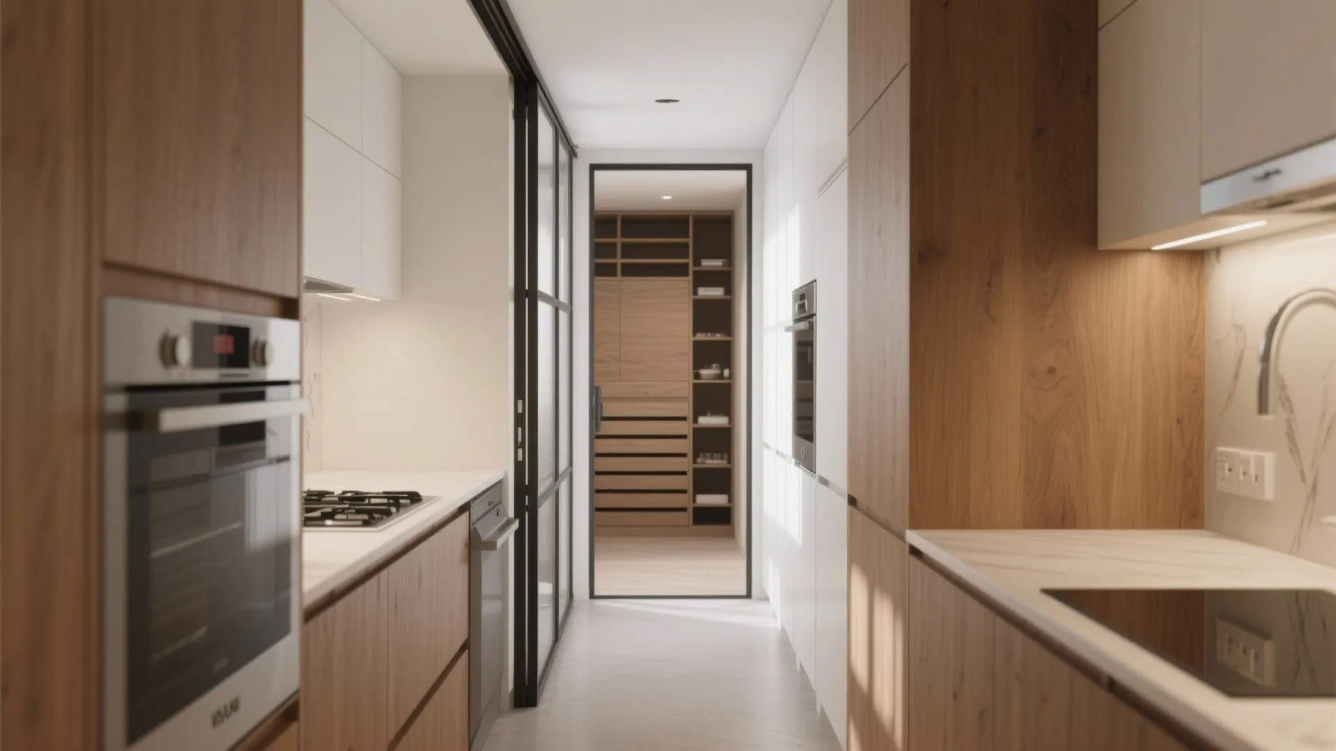 Modern narrow kitchen with wooden cabinets and a sliding glass door leading to a pantry