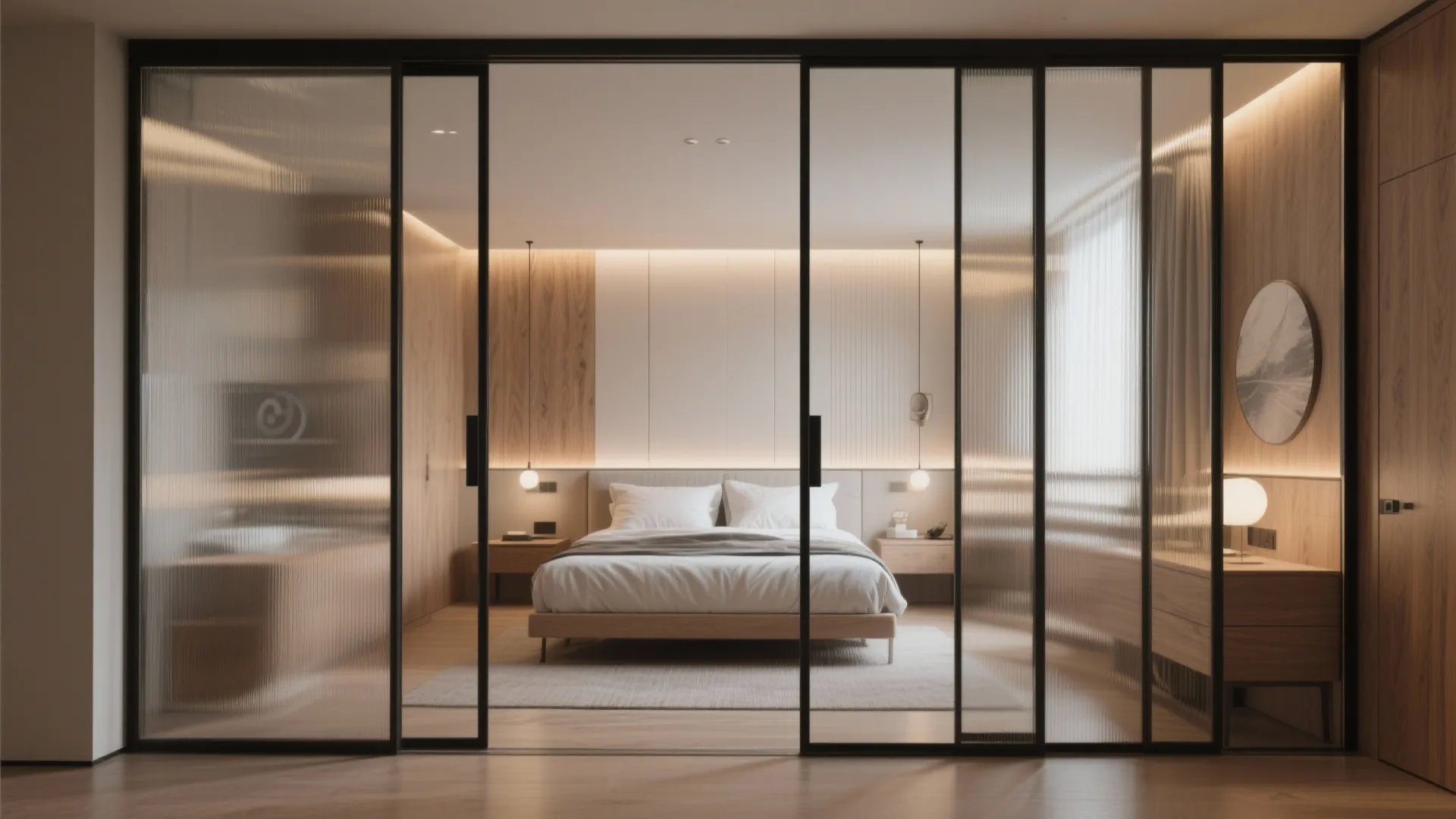 Rectangular bedroom with sliding doors creating flexible zones