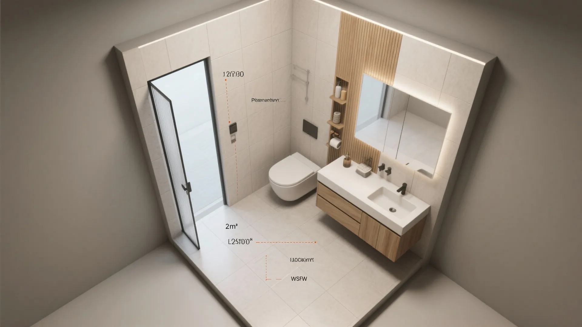 Top-down plan showing pocket door and sliding solutions that free floor space in a tiny bathroom.