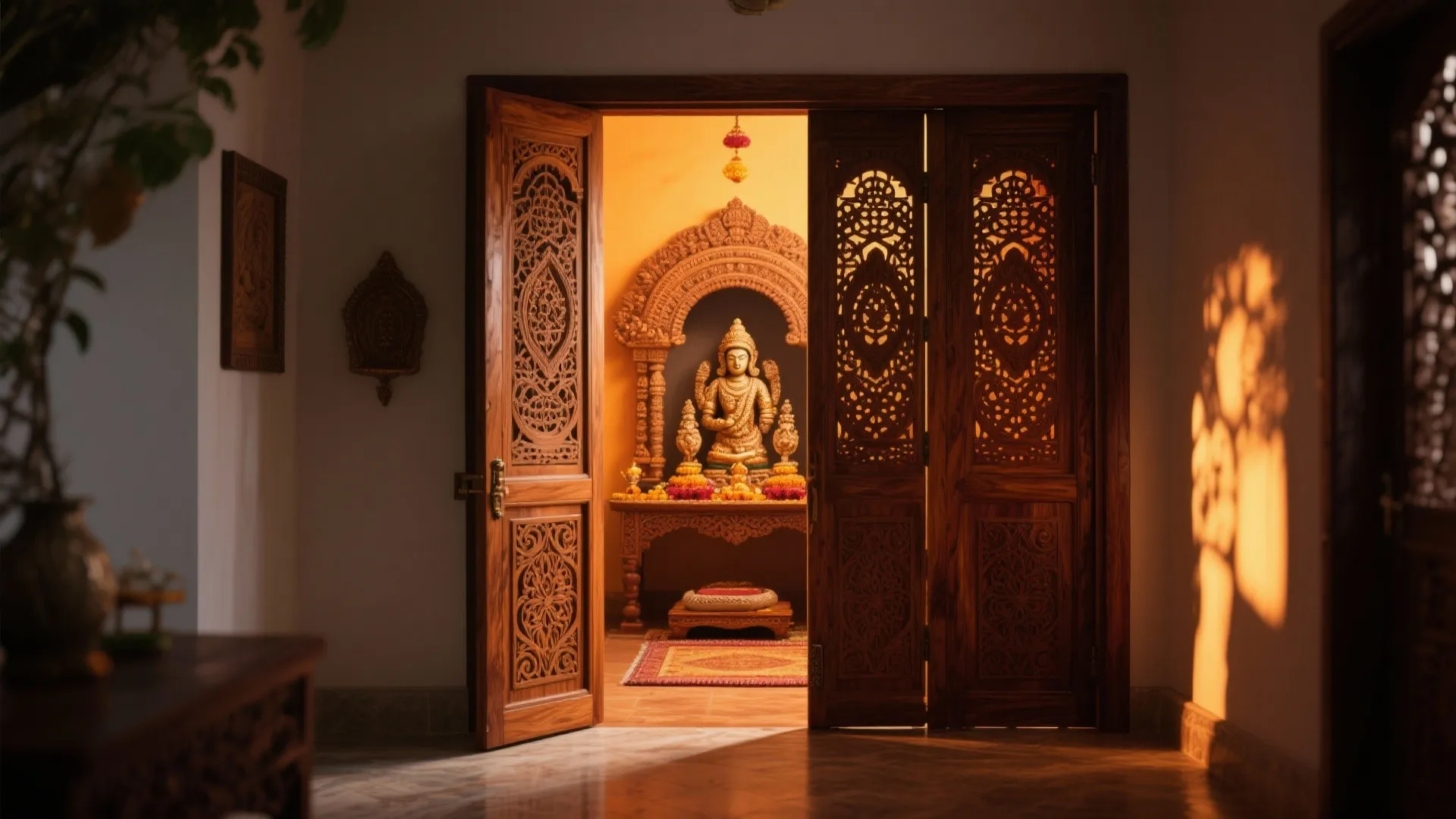 Traditional wooden carved doors opening into a small prayer room with statue and warm lighting