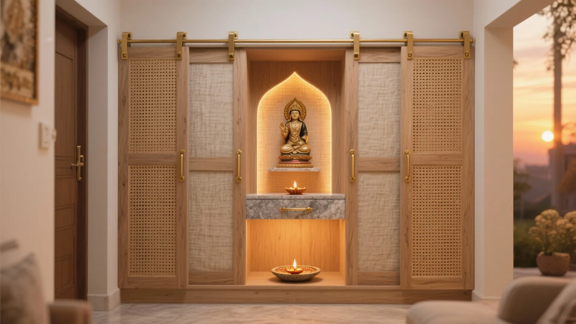 5) Sliding-door pooja wall with acoustic softening