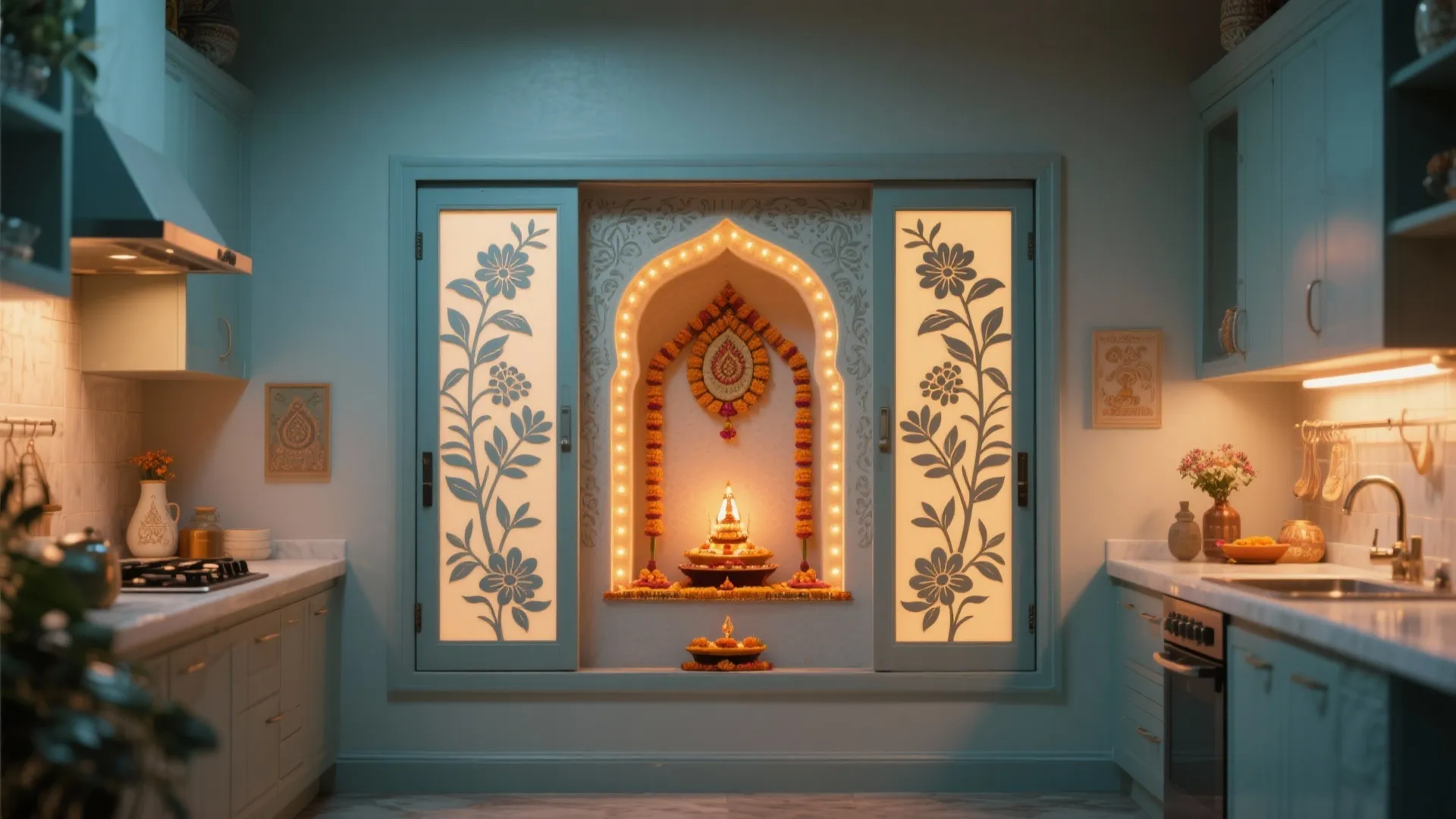 Symmetrical kitchen design with blue cabinets and a central wall niche featuring glowing decorative doors