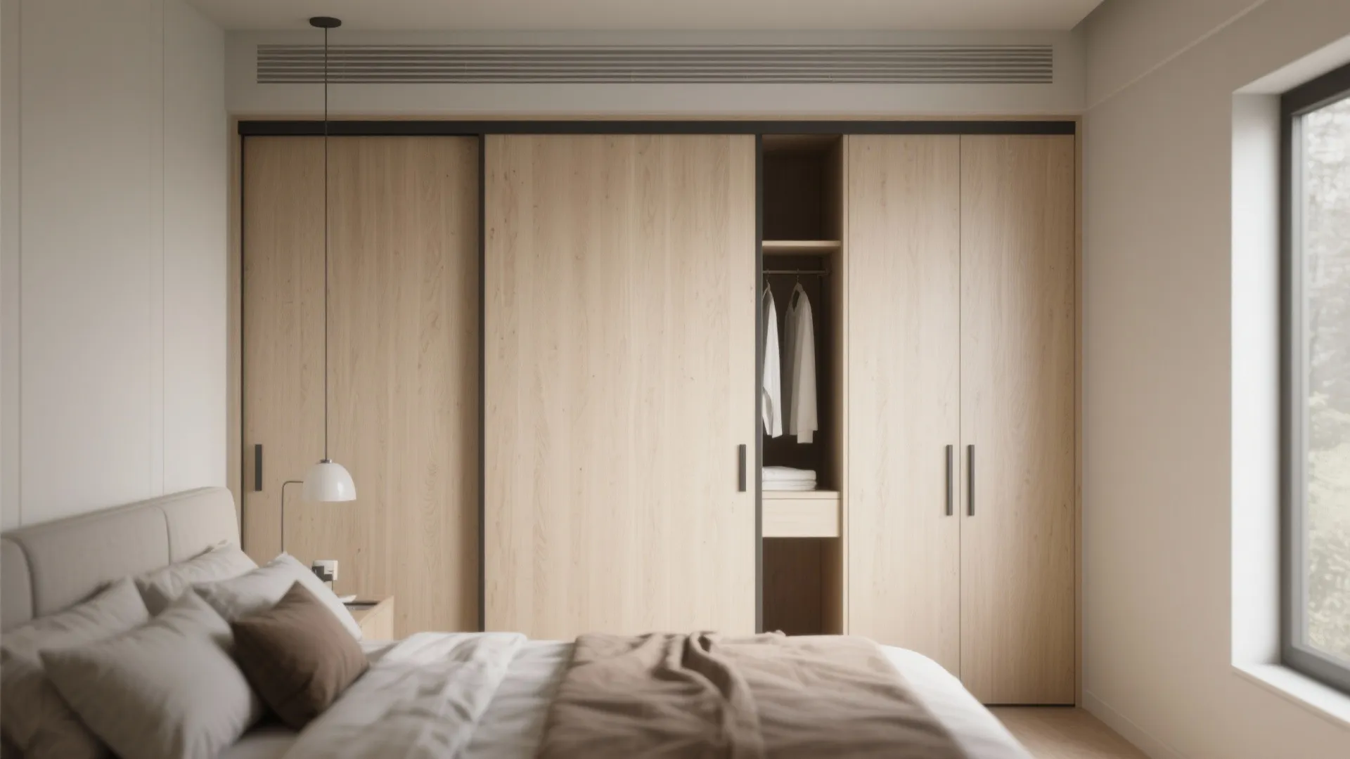 Modern bedroom featuring a large wooden cabinet with sliding doors and a white small ceiling light