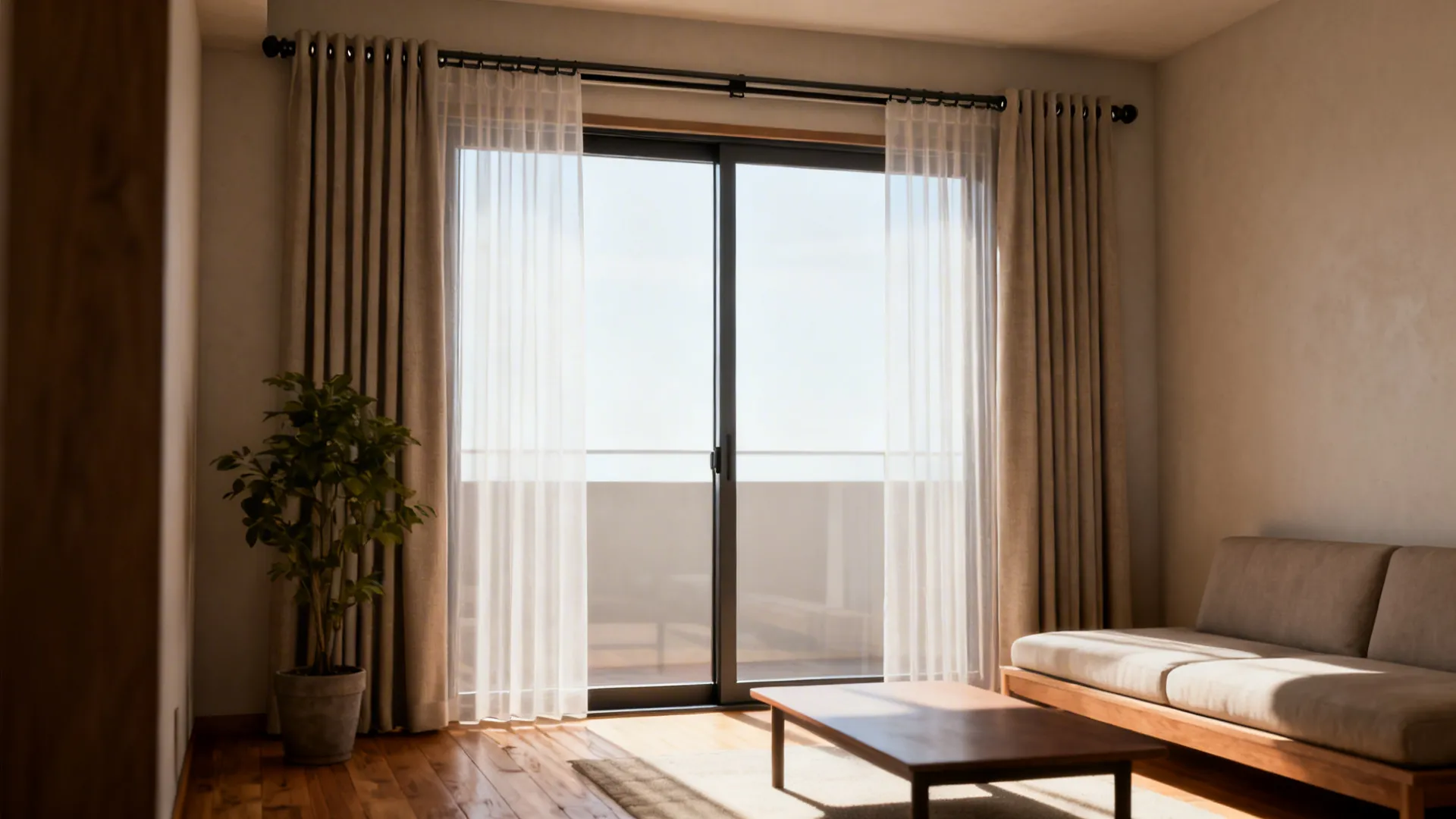 Sliding glass door with sheer white curtains and beige side panels in a bright room