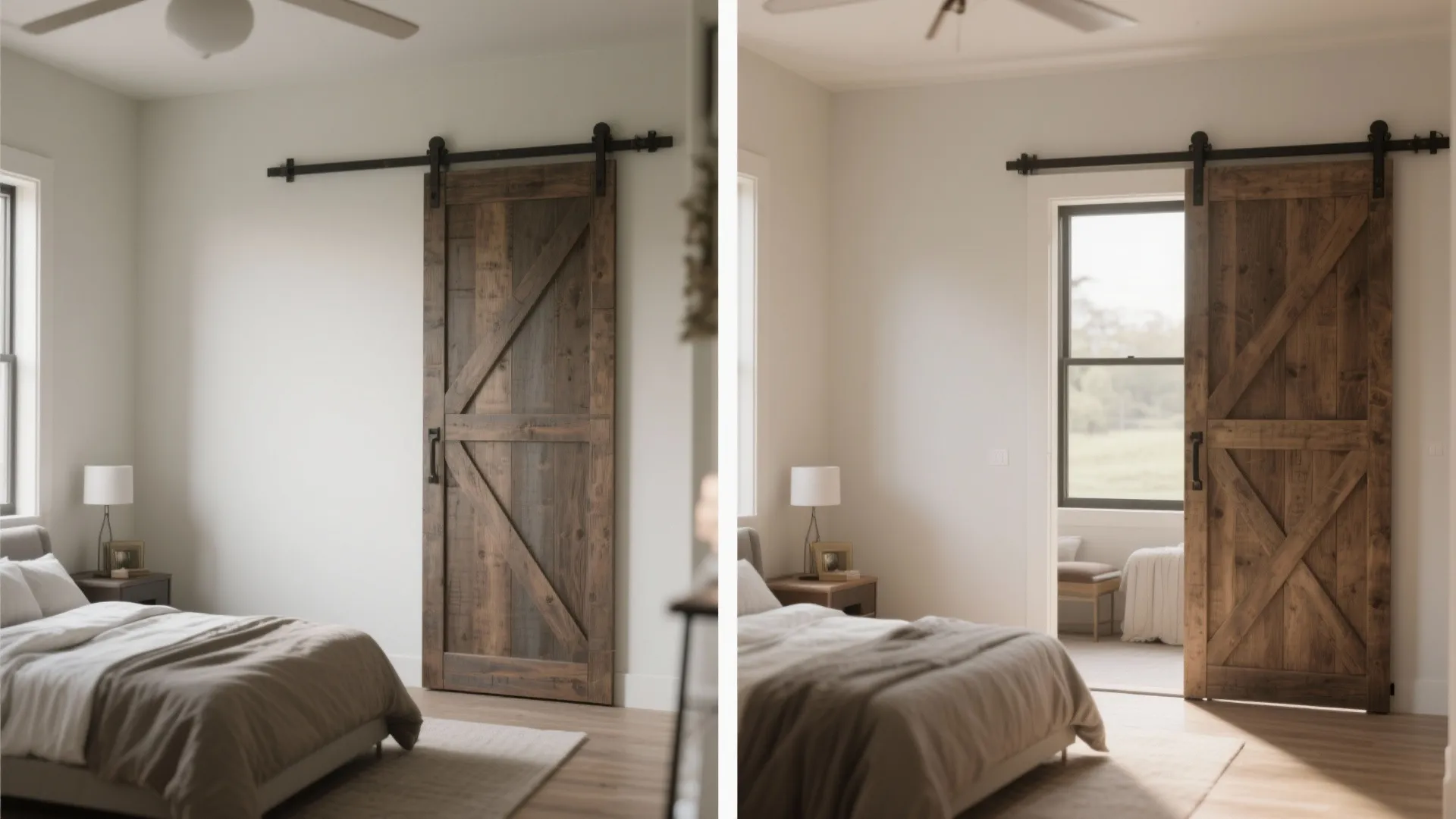 Before-and-after small bedroom door change to sliding barn door.