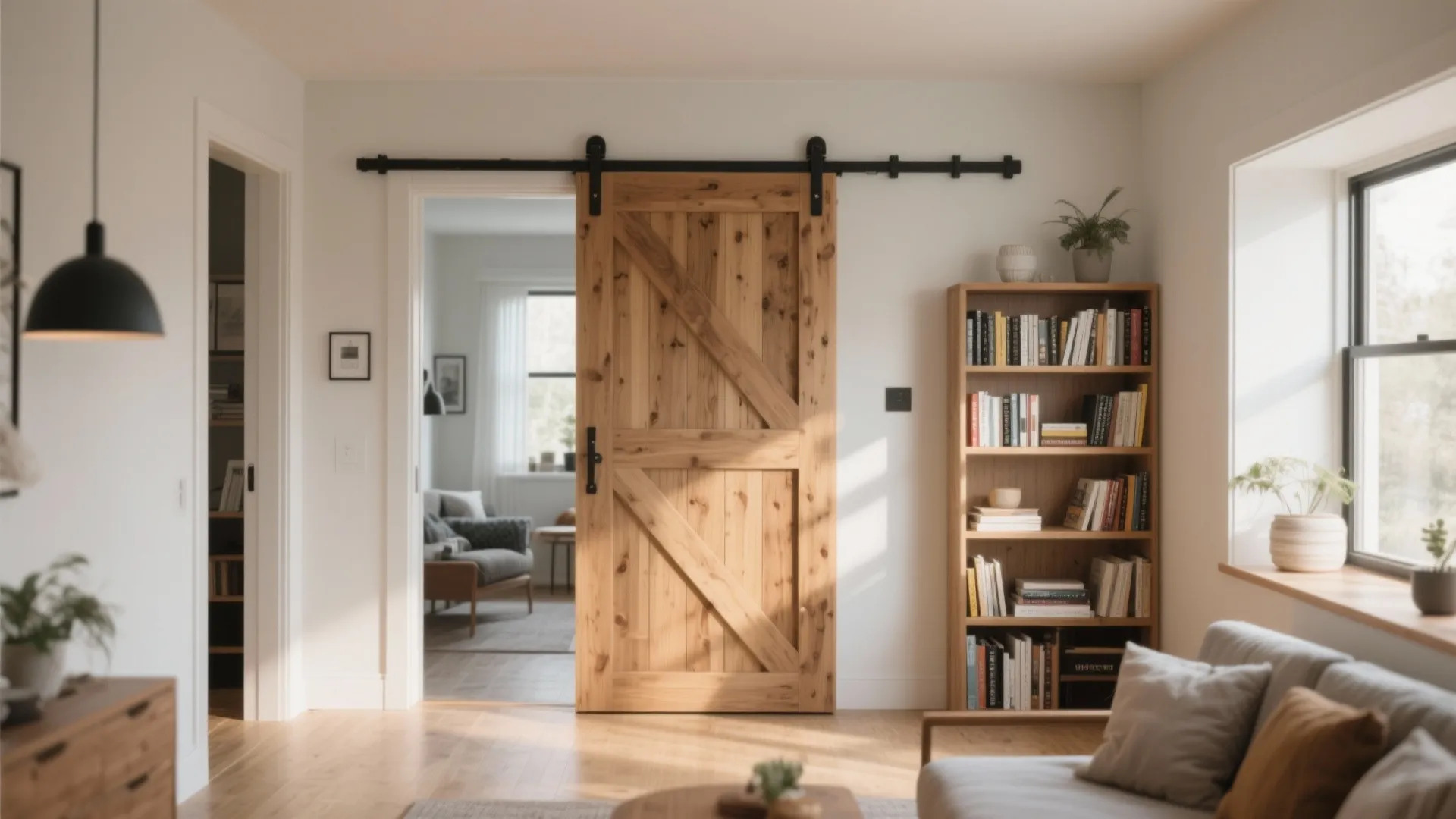Wooden sliding barn door between living area and bedroom with bookshelves and light wood floors
