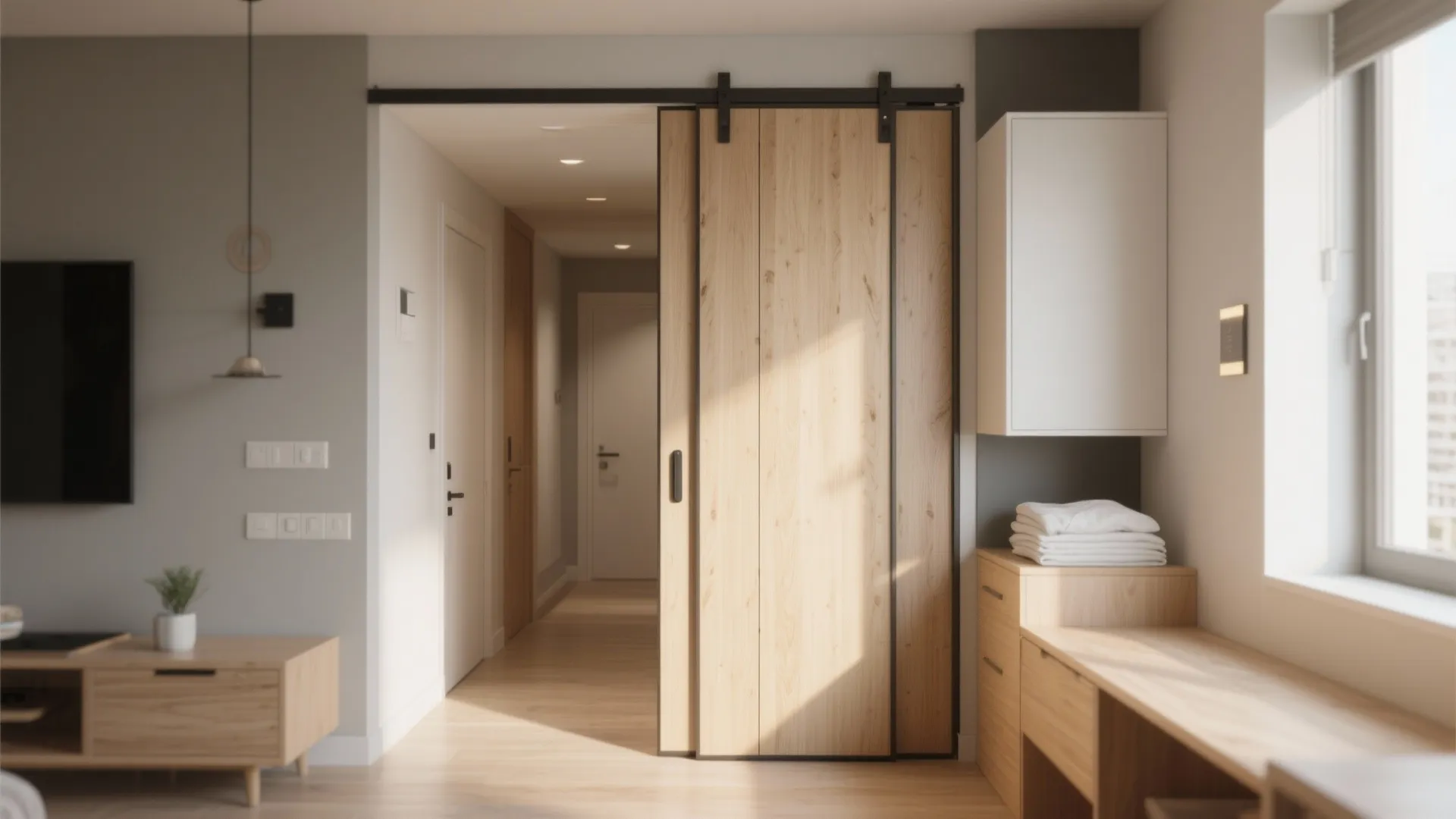 Space-saving sliding door with light wood finish in small apartment