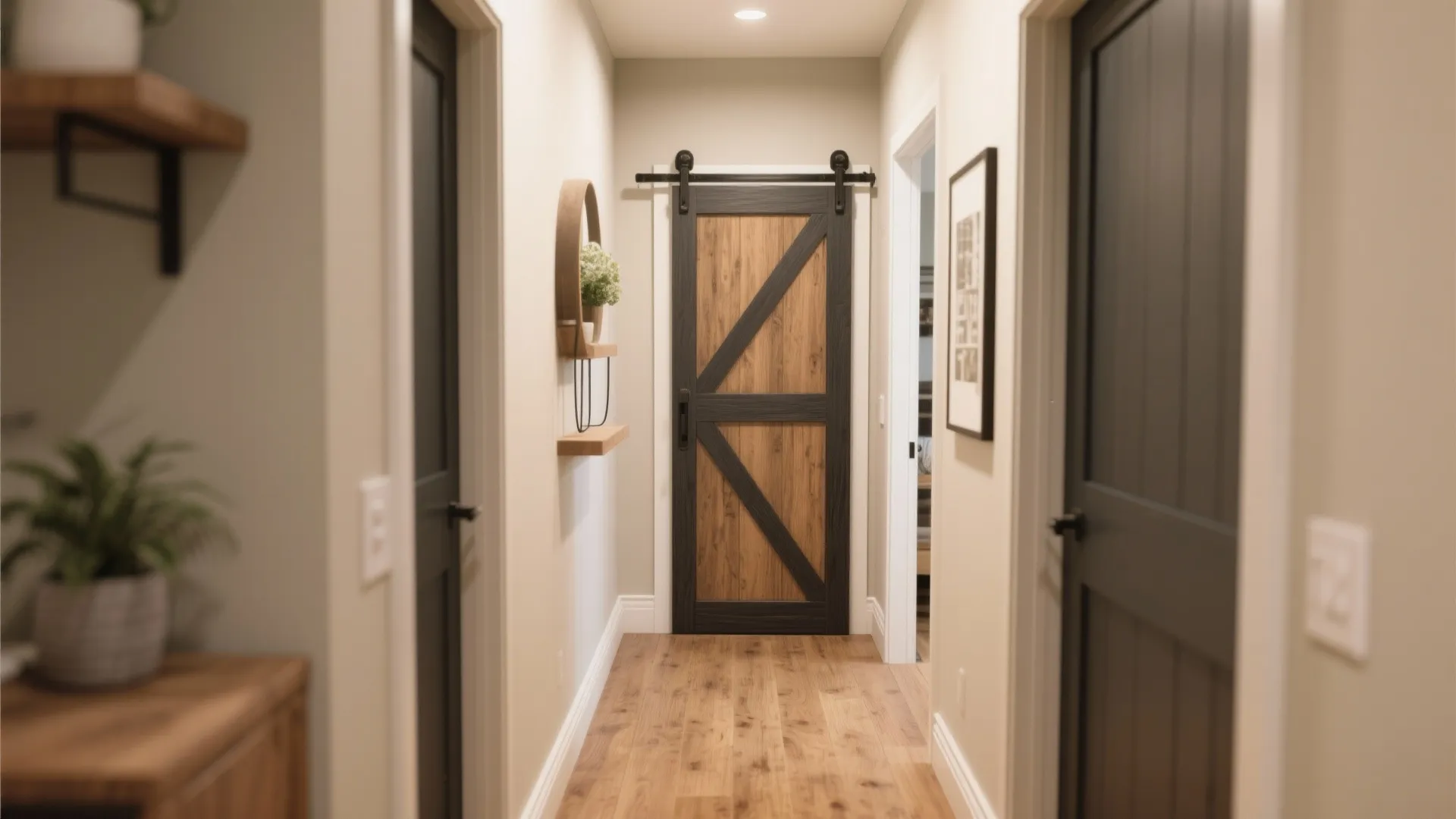 Small home hallway with sliding barn doors to save space