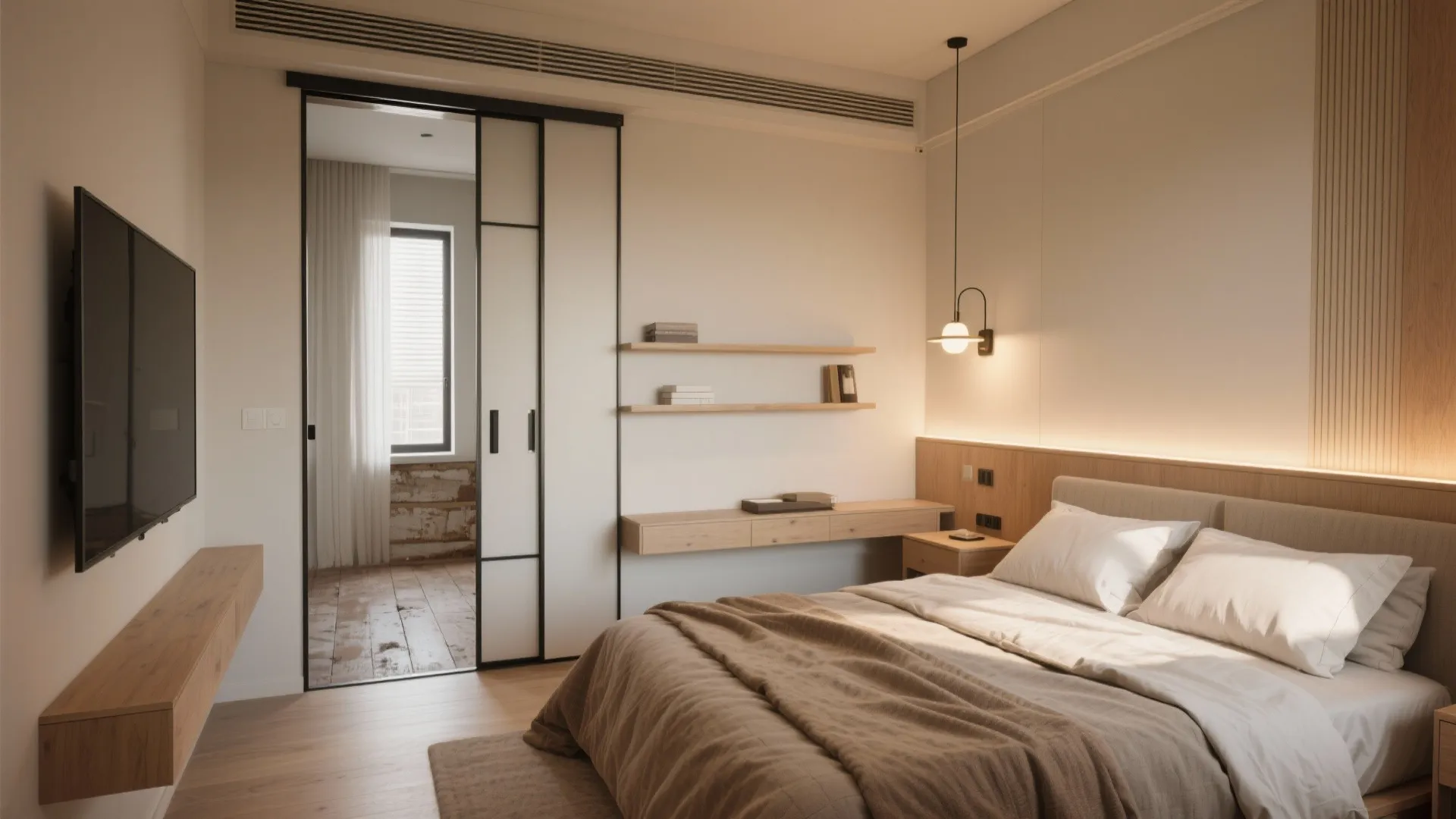 Modern bedroom with wall mounted television wooden shelf white sliding door and small built-in desk