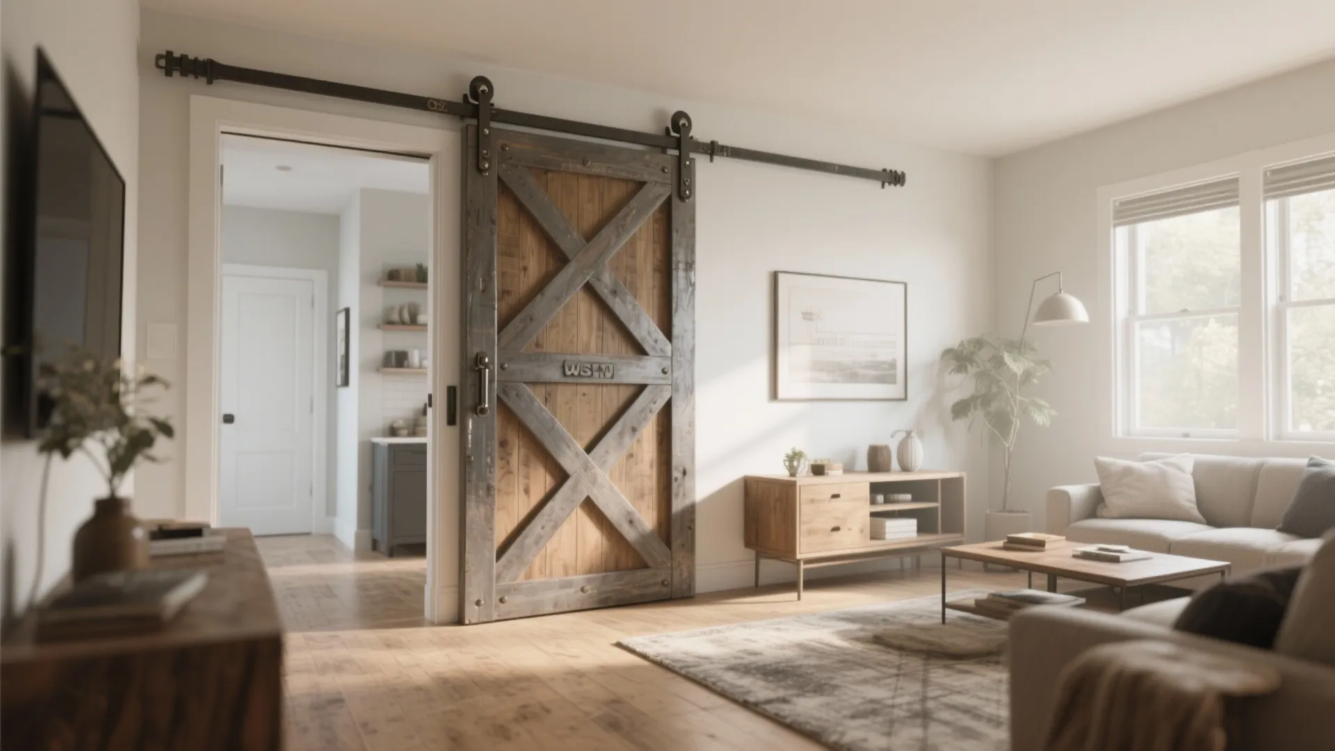 Living area with a sliding barn-style door installed to save floor space and create flexible layout