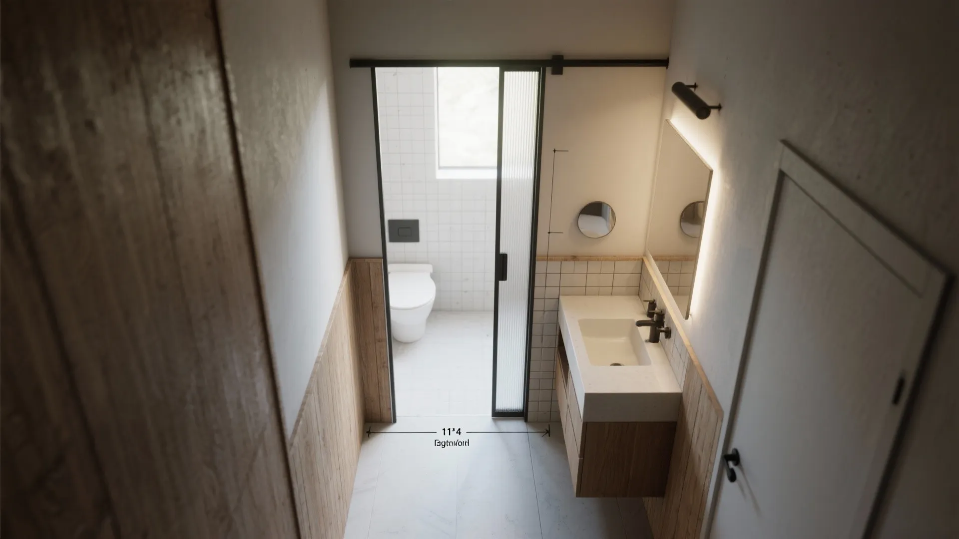 Top-down view of a narrow bathroom entrance demonstrating a pocket sliding door reclaiming swing space for a vanity.