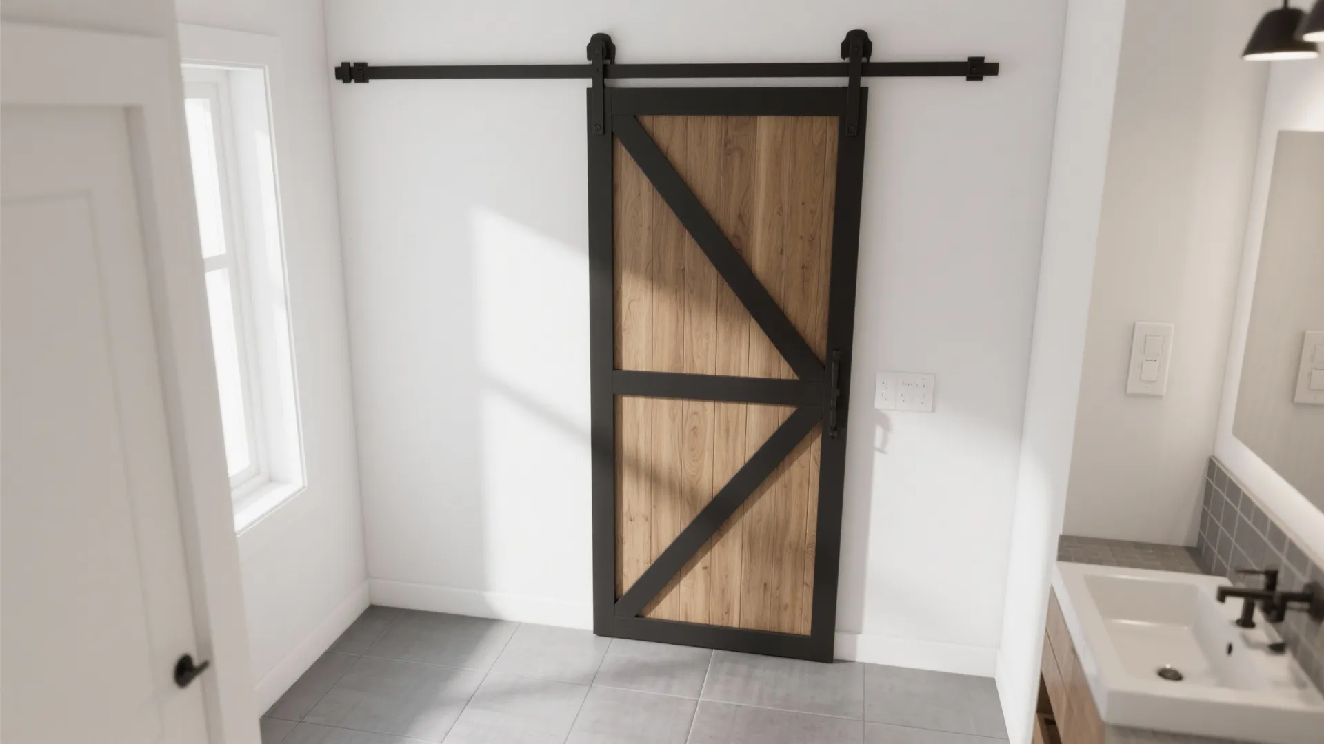 Top-down view illustrating sliding barn door clearance and soft-close positions.