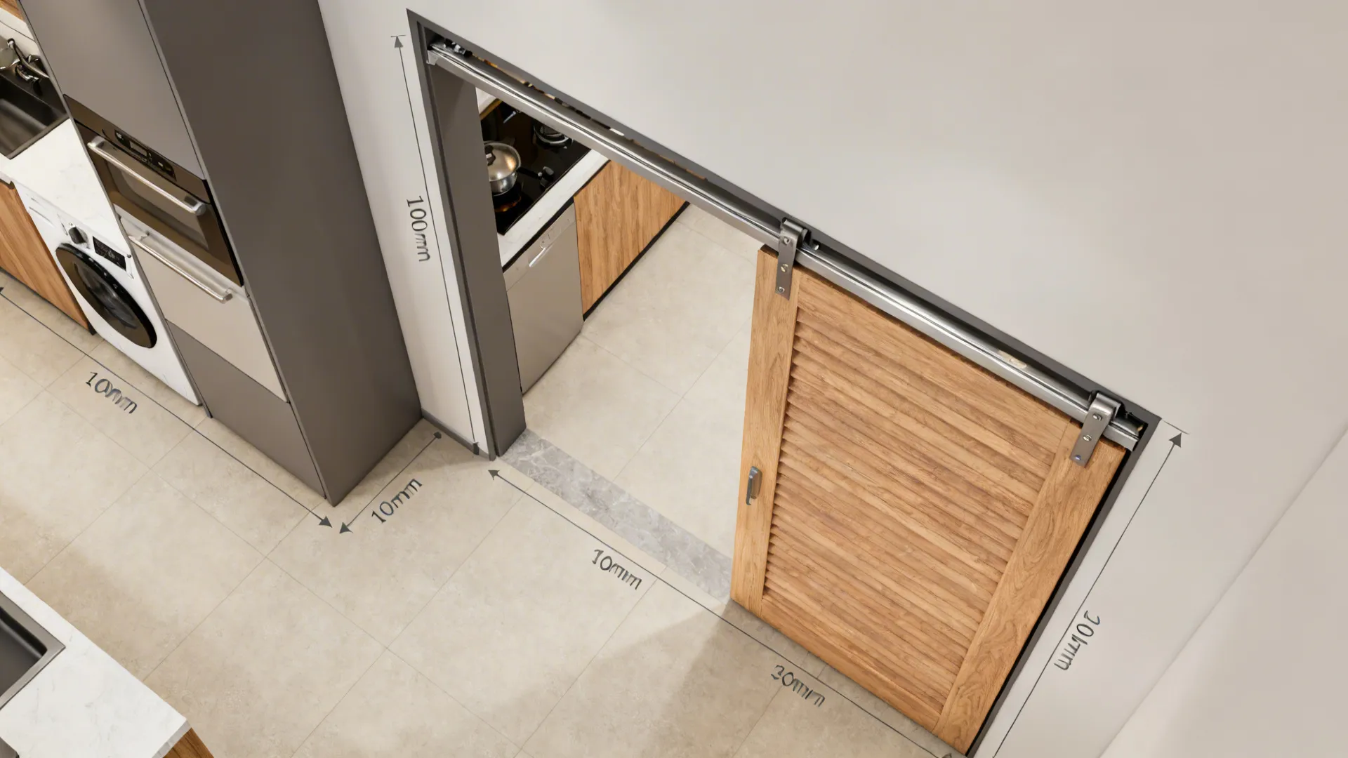 Top-down view showing a sliding pocket kitchen entrance with clear passage and overlap.