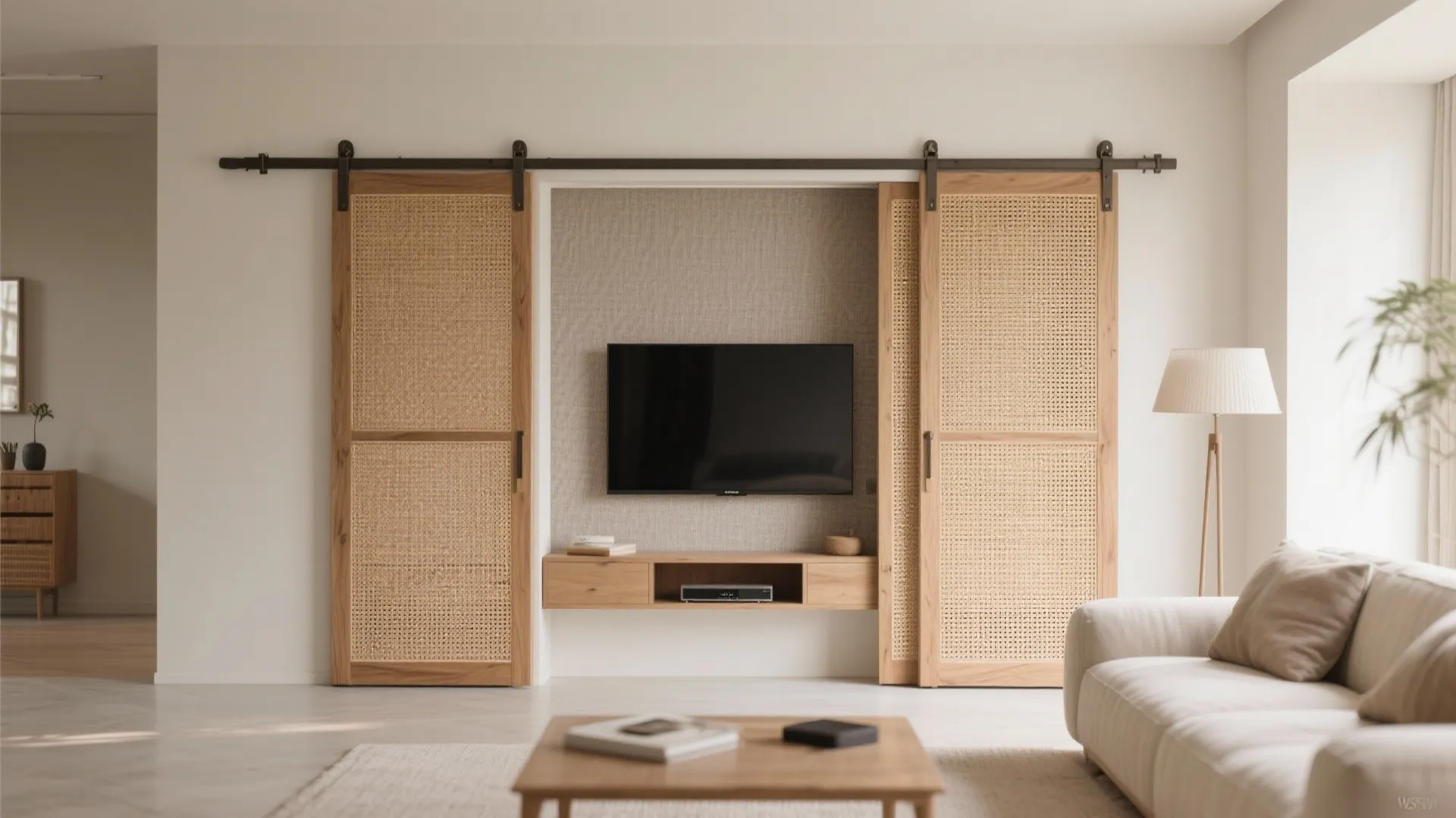 Sliding door cabinet that hides the screen