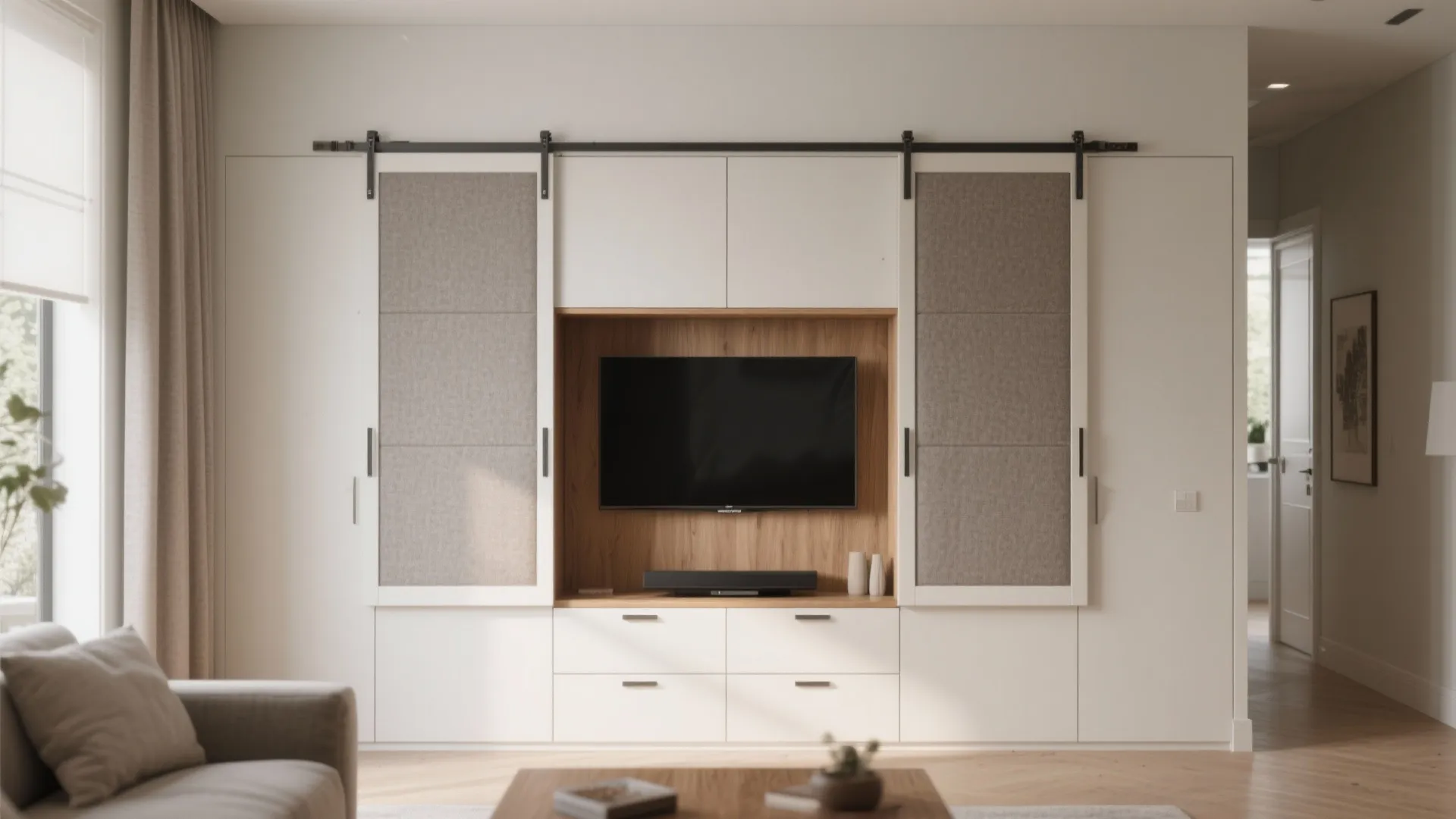 Built-in storage with sliding door TV reveal