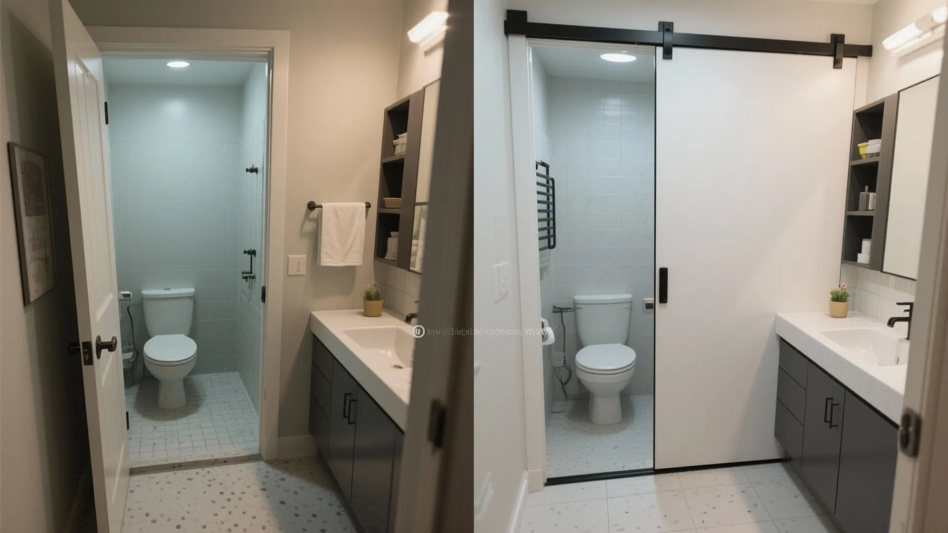 Before and after comparison of traditional swing door versus space saving white sliding barn bathroom door