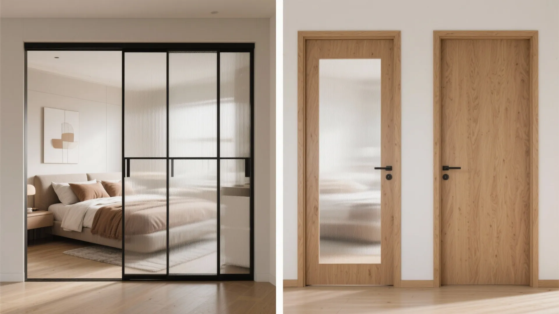 Comparison of black metal sliding glass doors versus light wooden bedroom doors with glass panels