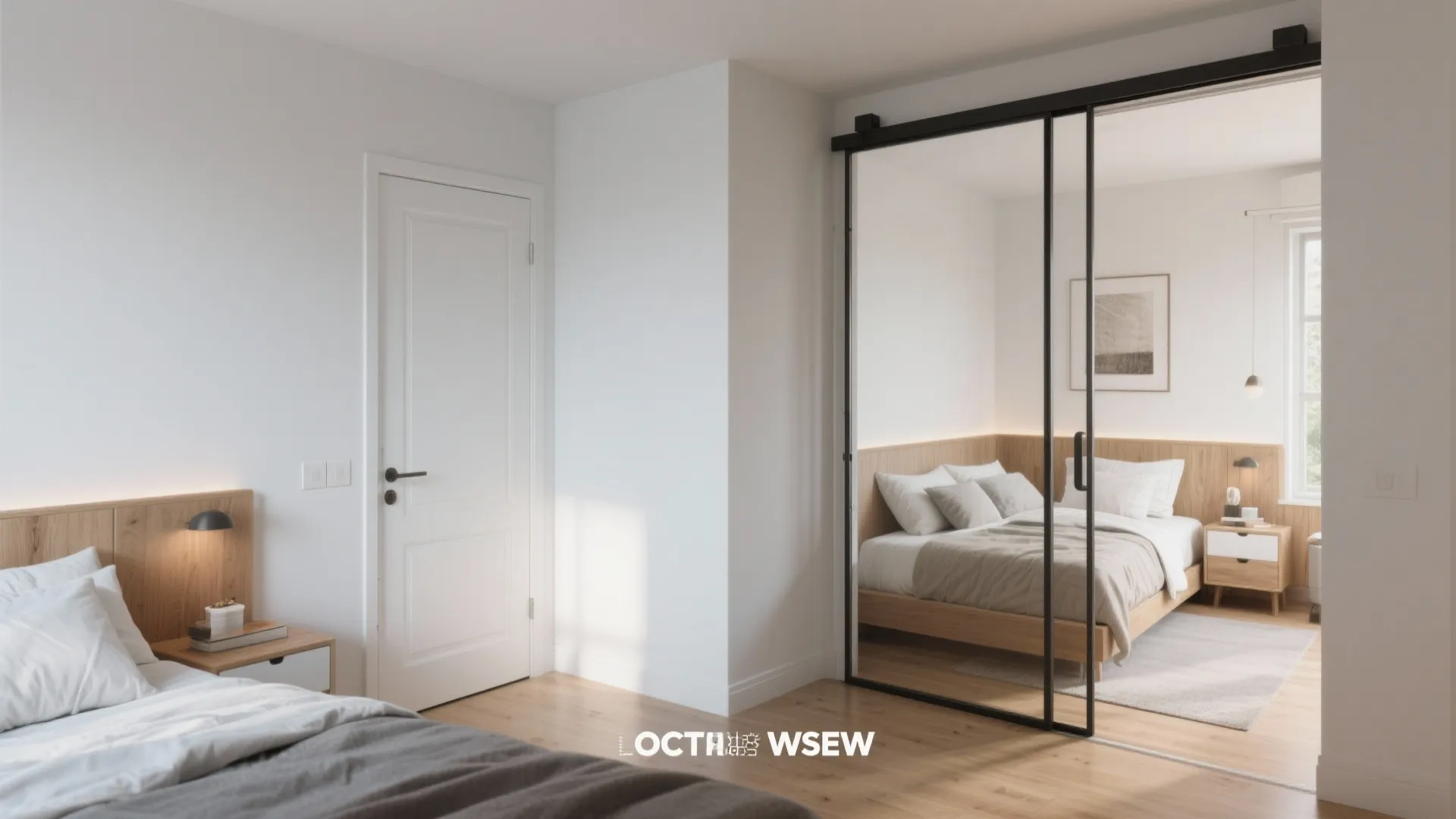 Modern bedroom with white walls and a large black metal frame glass sliding closet door