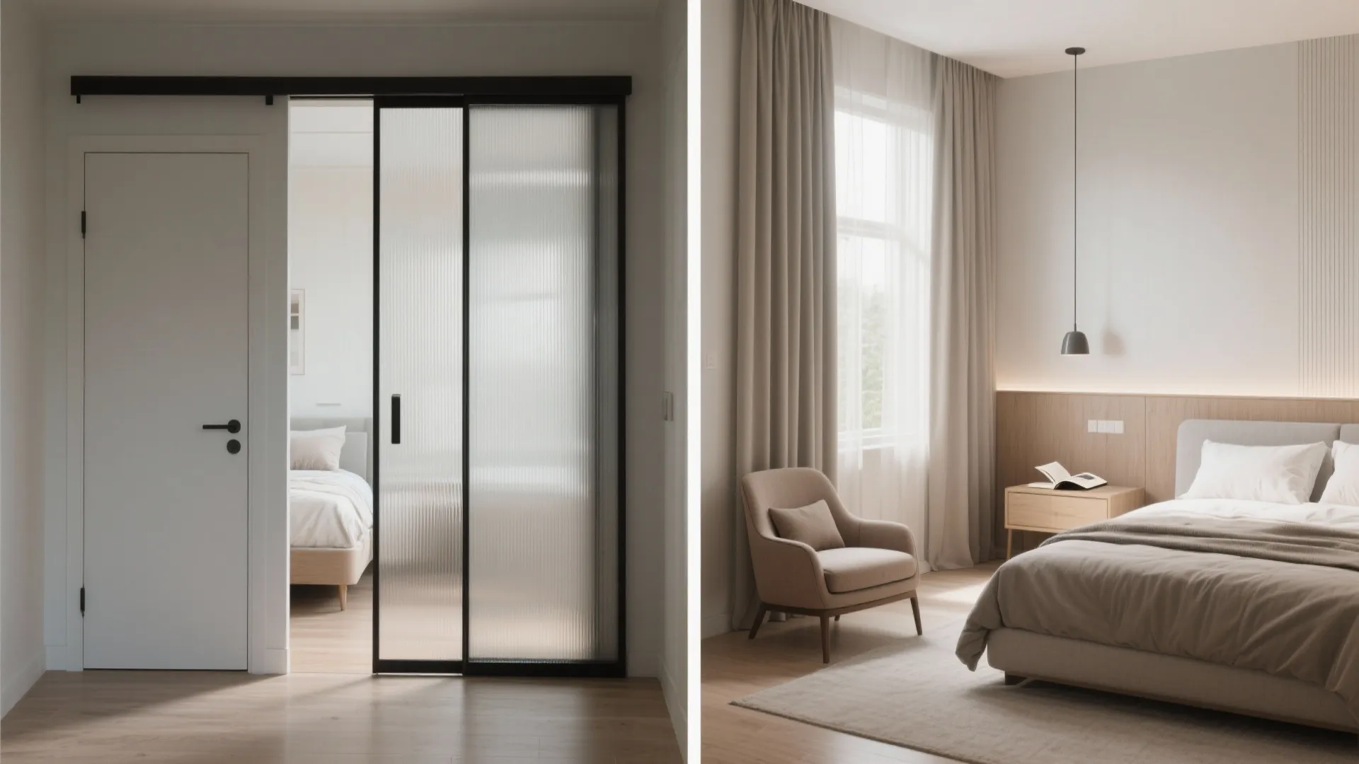 Guest bedroom before and after adding a modern sliding door