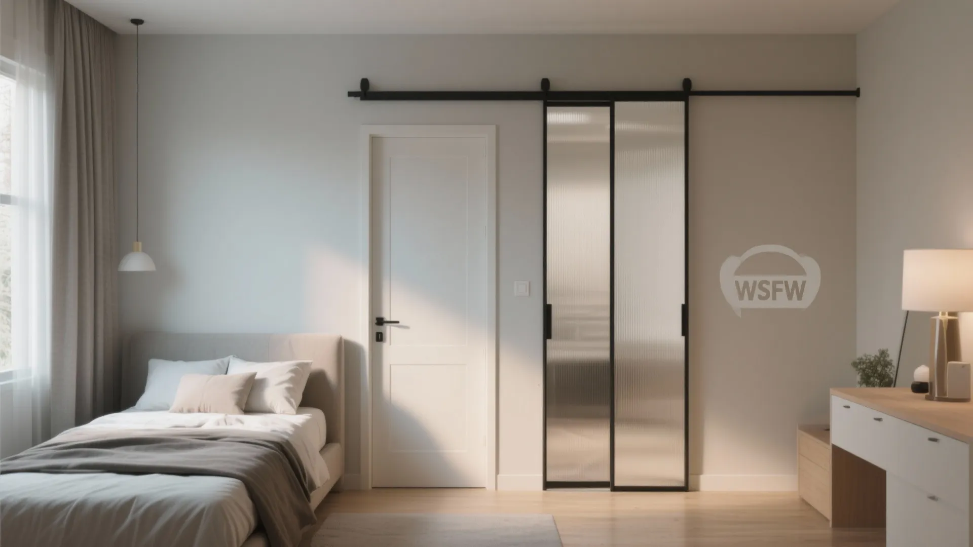 Bedroom showing a white door next to a black frame glass sliding door and grey bed