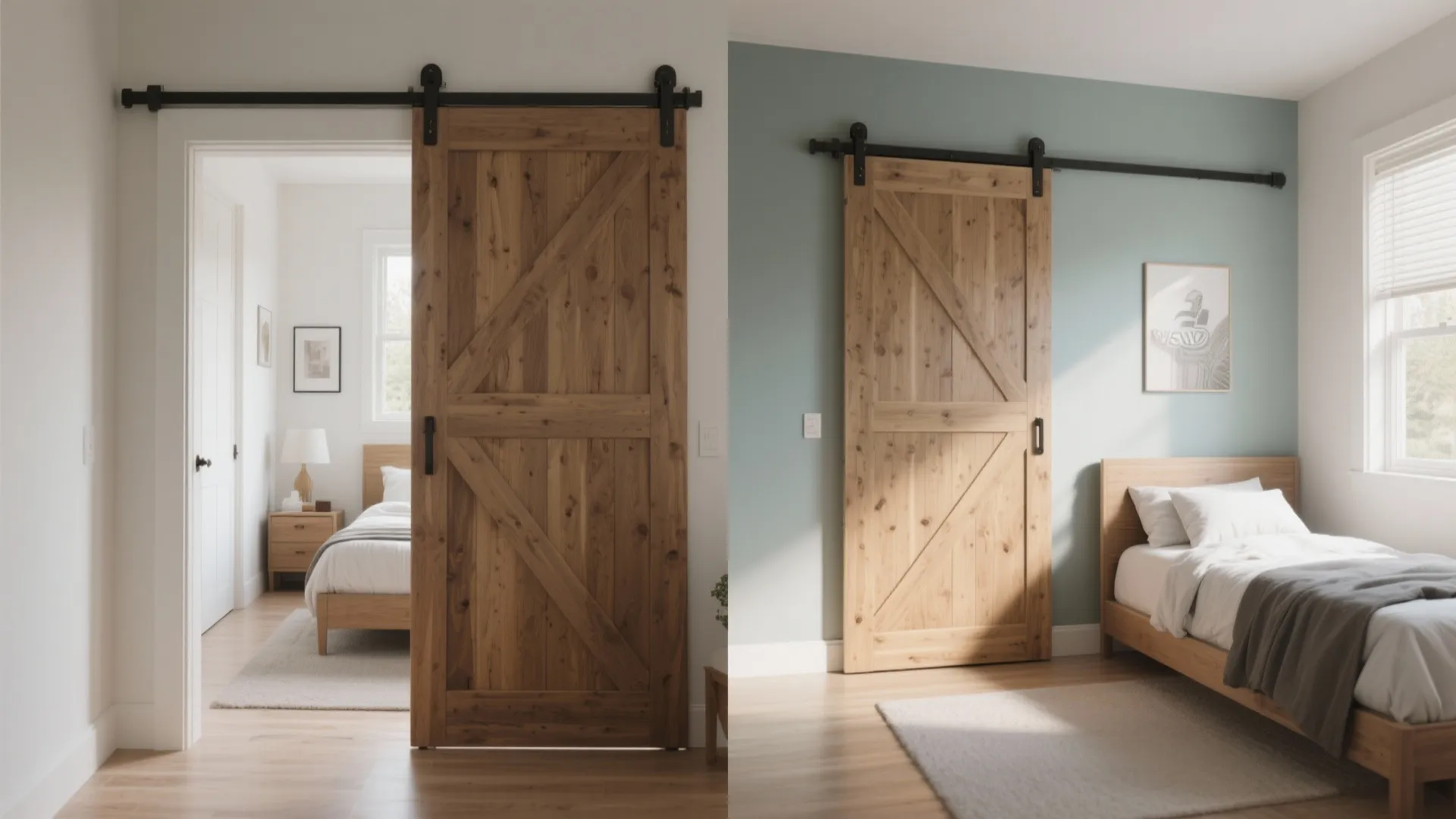 Before and after of bedroom with swinging door replaced by sliding barn door