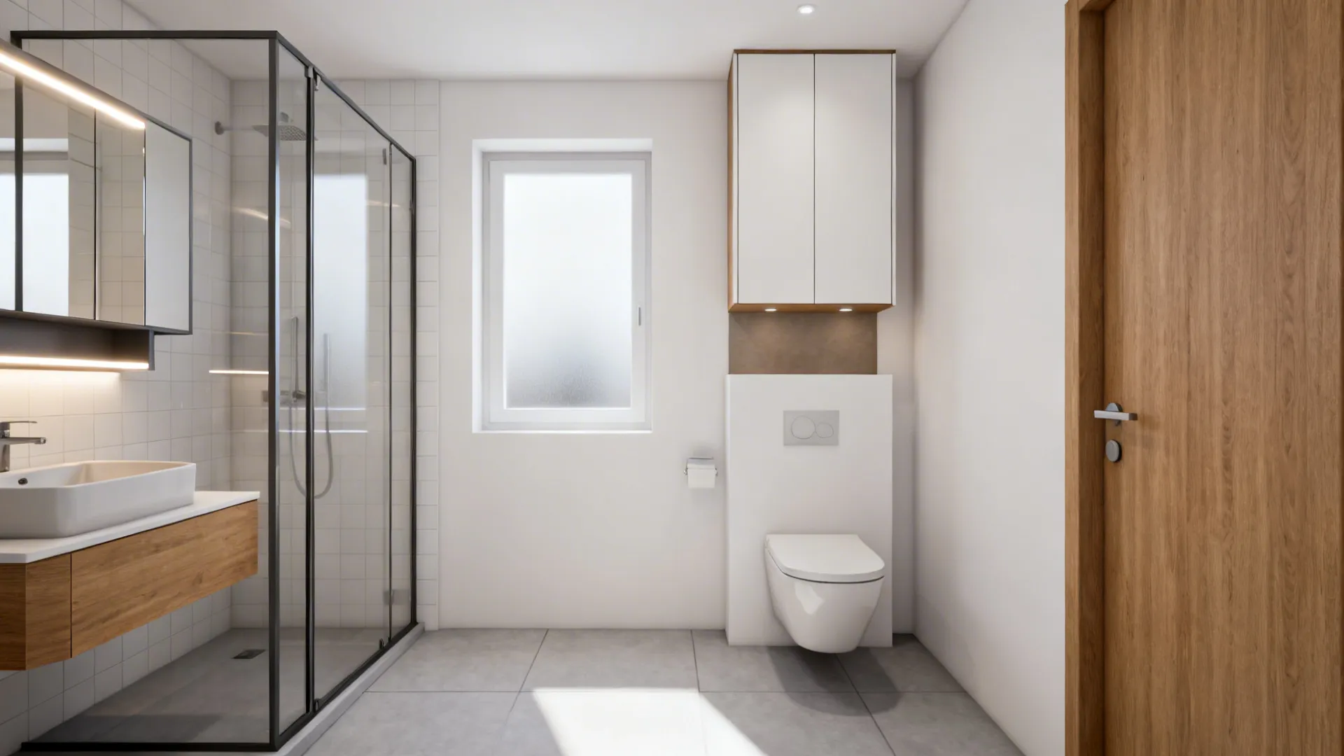 Small bathroom with sliding shower door and compact wall-hung vanity with mirror cabinet