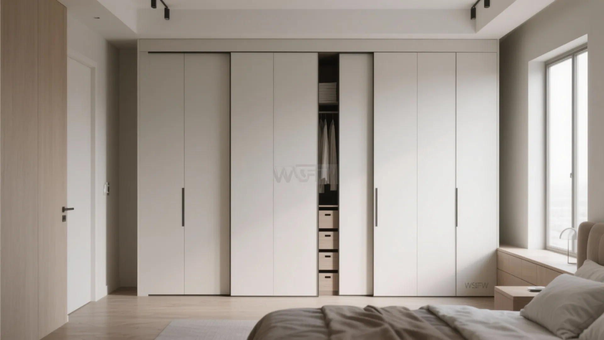Large white sliding door wardrobe with one panel open revealing hanging clothes and small drawers